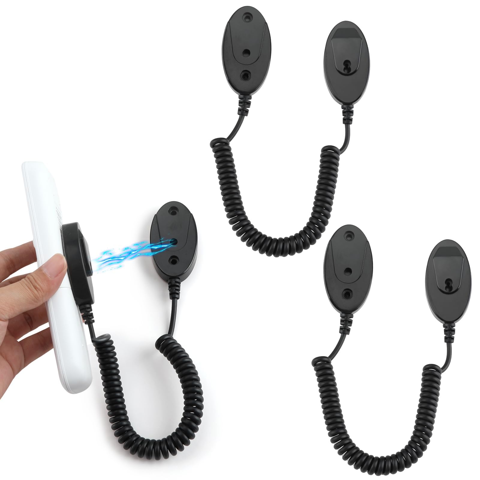 2 Pack Magnetic Remote Control Holder with Security Cable - Retractable Remote Organizer for TV, Fan & AC - Easy Installation, Anti-Loss Design (Black) | Perfect for Living Room, Bedroom & Office Organization