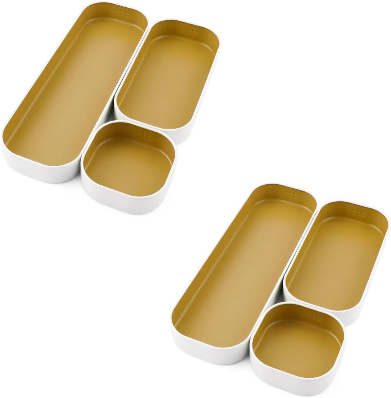 6-Piece Shallow Metal Organizer Tray Set - Gold & White (1 Inch) for Makeup, Stationery, Utensils | Perfect for Office Desk, Kitchen & Bathroom Drawers Organization