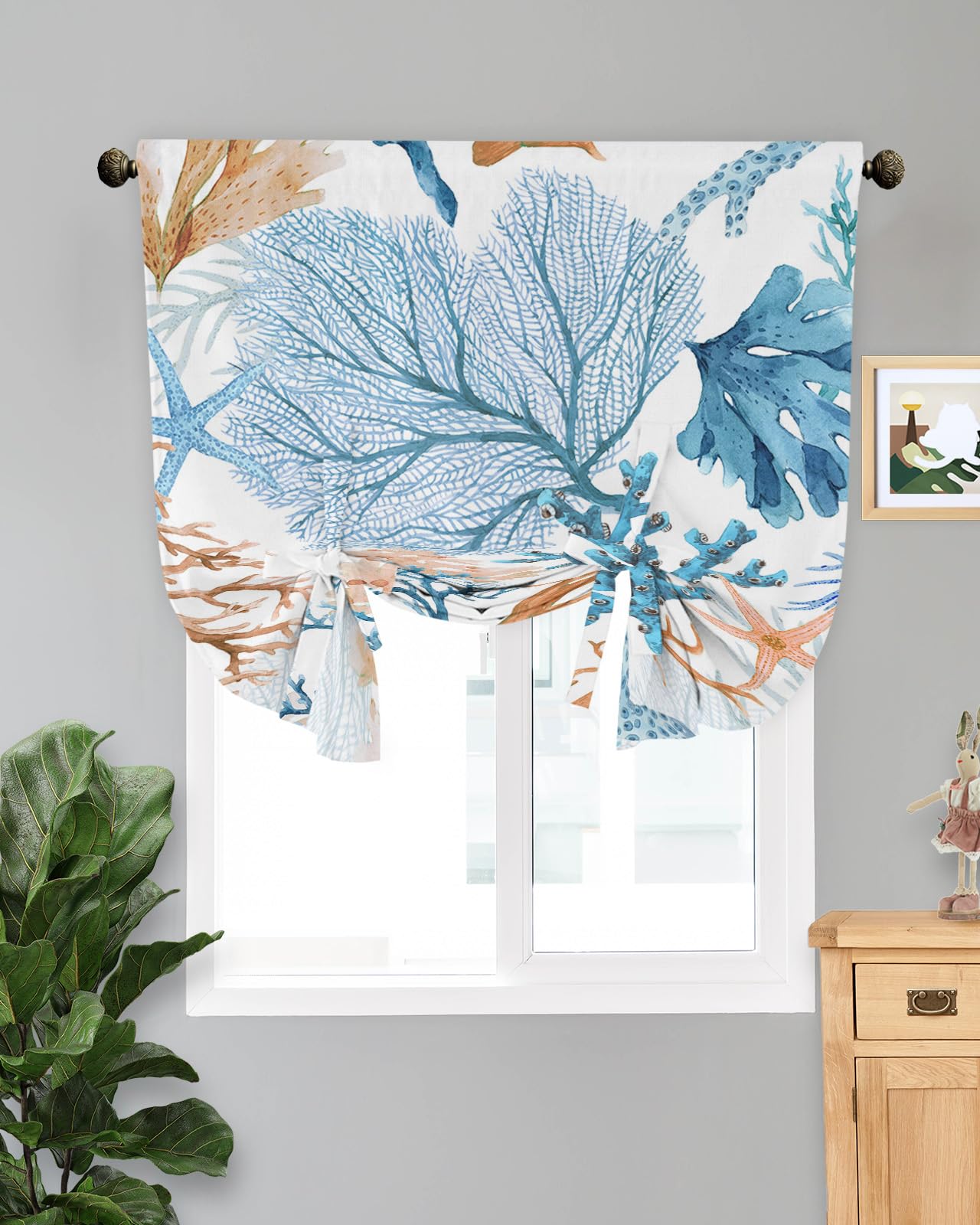 DecorLovee 63 Inch Sea Coral Tie Up Curtains - Adjustable Balloon Shades for Indoor Windows, Thermal Insulated Kitchen Drapes in Ocean Teal & Brown (42x63 Inch) | Perfect for Beach House Decor, Coastal Living Rooms & Summer Window Treatments
