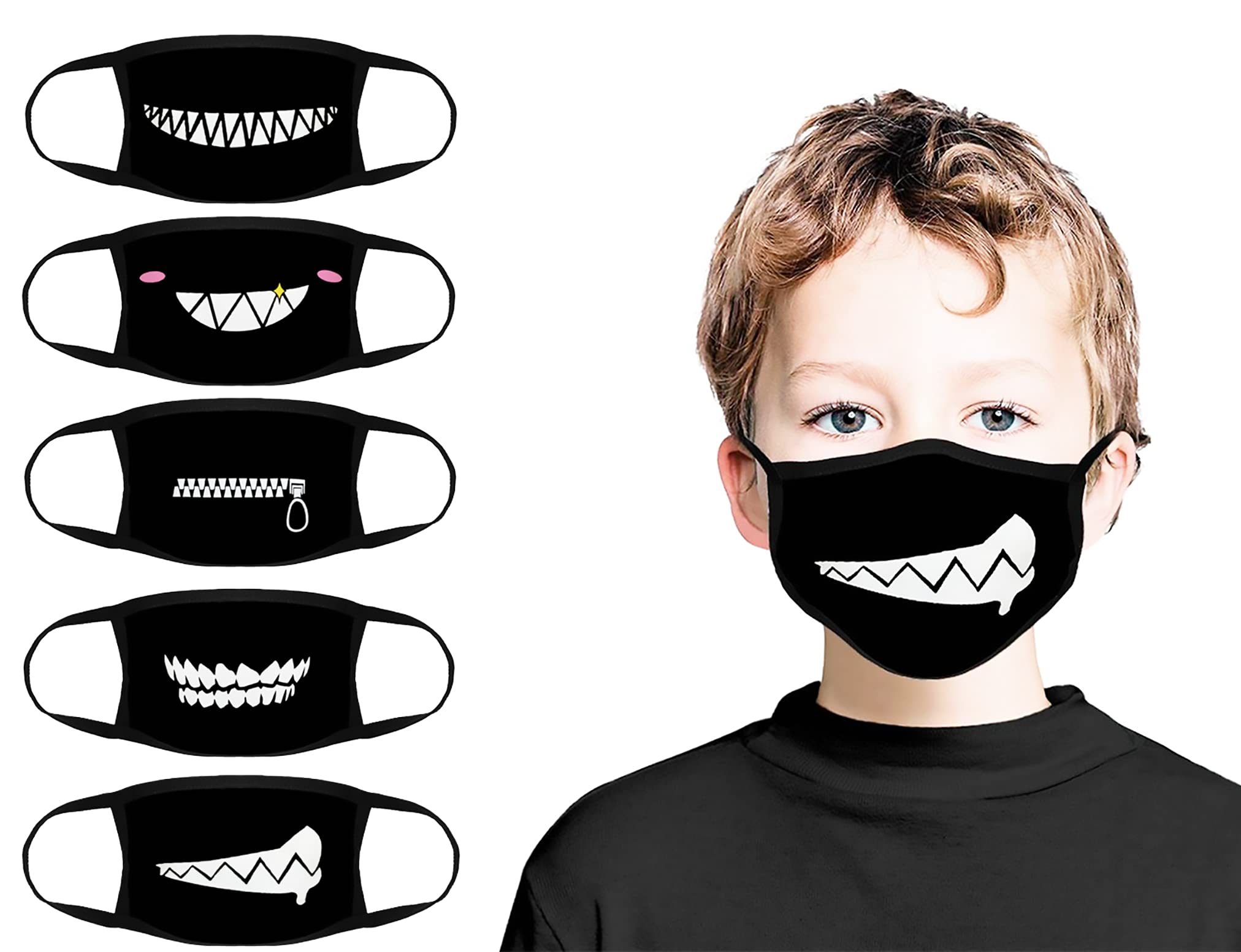 5Pcs Black Teeth Pattern Face Mask - Breathable Adjustable Ear Loops for Kids & Adults - Unisex Outdoor Sports & Halloween Costume Accessory - Perfect for Cycling, Running, Skiing & Cosplay