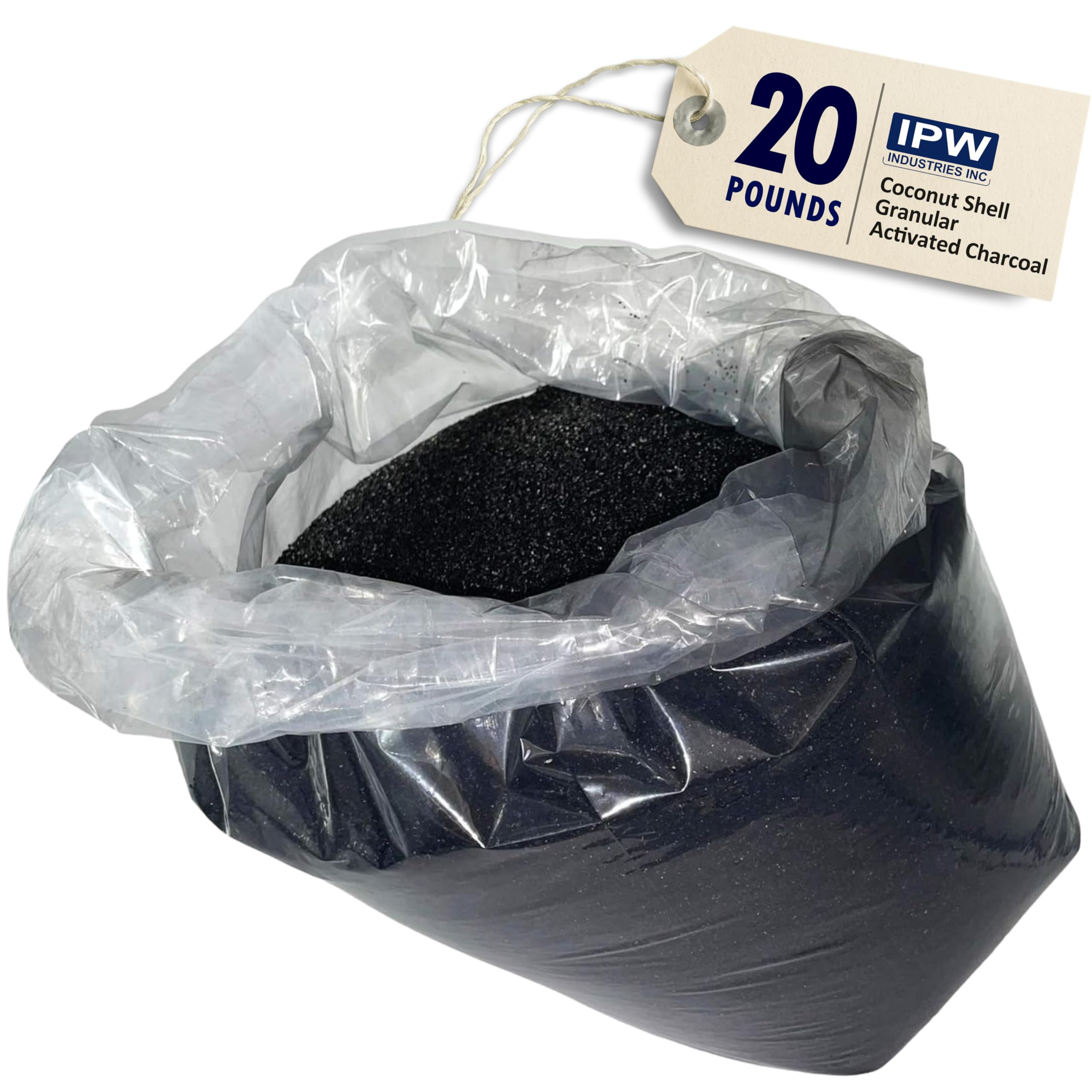 IPW Industries Bulk Activated Carbon - Coconut Shell Granular Activated Charcoal (GAC) for Water Filtration - 20 Lbs Replacement Media for Pre & Post Carbon Water Filters | Improves Taste, Removes Chlorine & Odors | Ideal for Home, Aquarium & Industrial Water Purification Systems