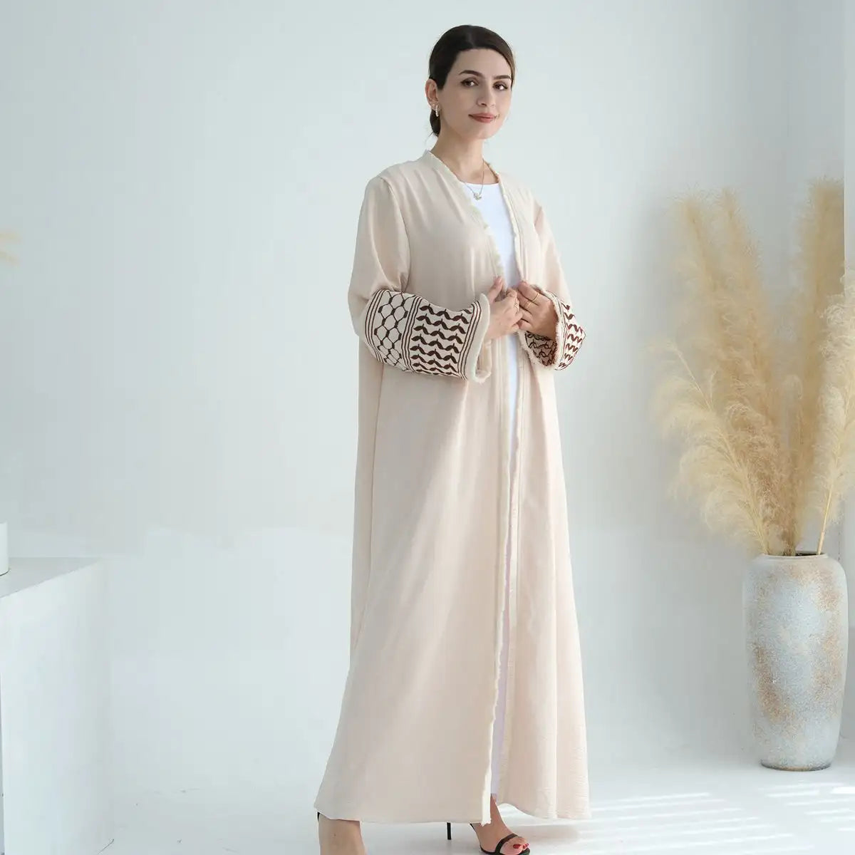 Muslim Mother Daughter Matching Embroidered Tassel Sleeve Cardigan Abaya Dress - Perfect for Eid, Ramadan & Family Gatherings