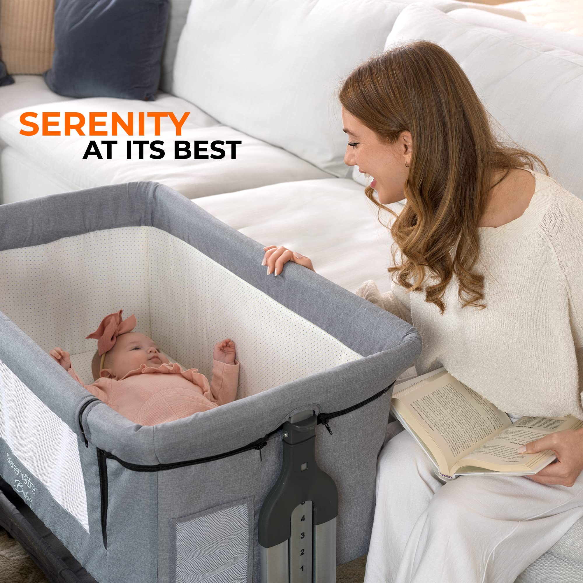 SereneLife Portable Baby Bassinet & Bedside Sleeper - Adjustable Height Crib for Newborns & Infants with Storage Basket, Wheels & Travel Bag - Breathable Mesh Design for Safe Co-Sleeping | Nursery, Bedroom & Travel Use (Grey)
