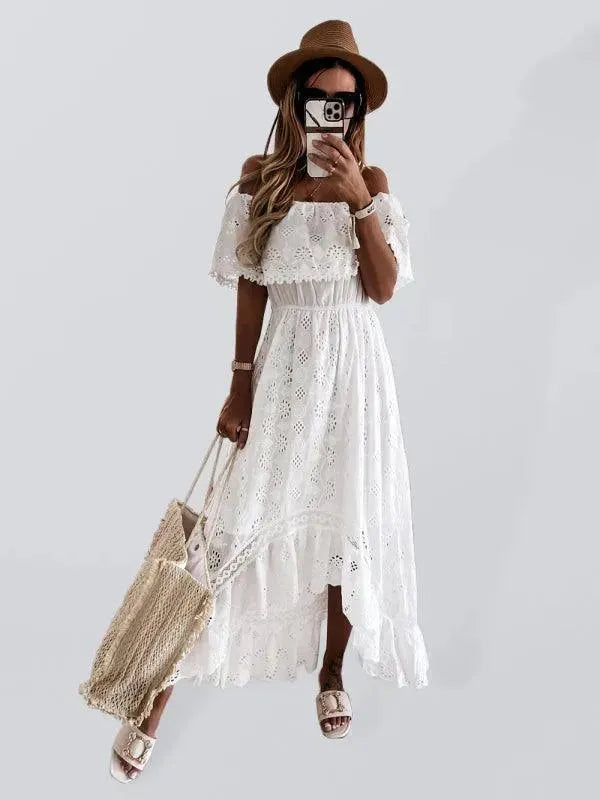 Elegant Women's Solid Color Lace Long Dress for Evening Party, Wedding Guest, or Special Occasions