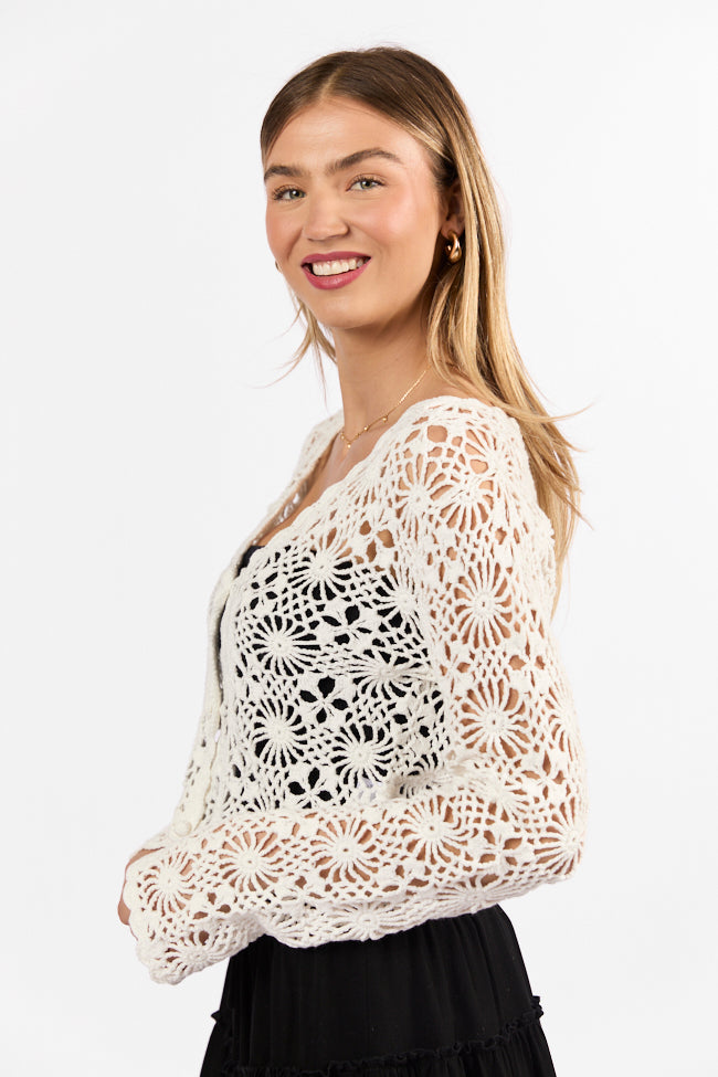 Elegant Ivory Crochet Cardigan for Women - Long Sleeve Lace Knit Sweater | Perfect for Weddings, Date Nights & Fall Layering