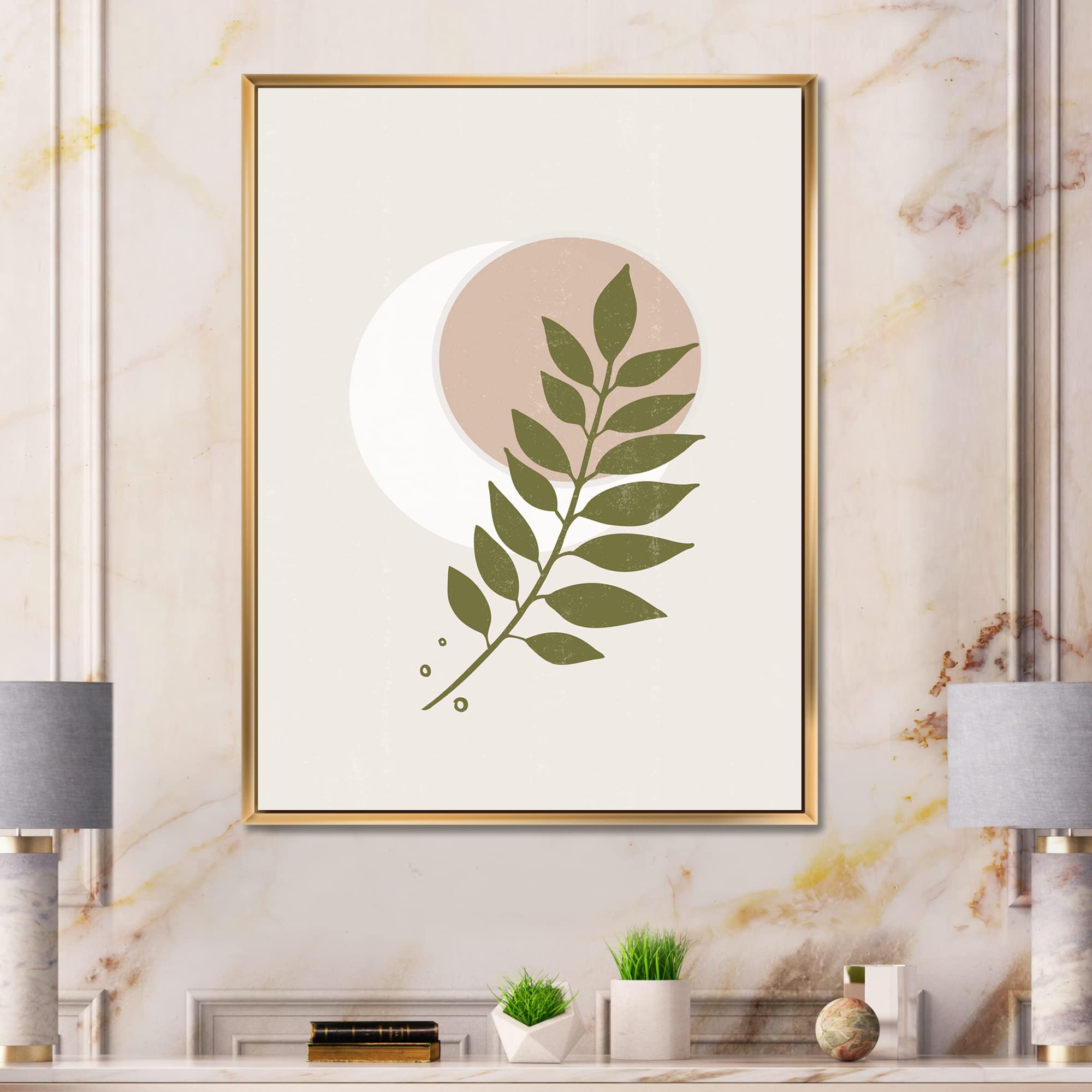 DesignQ Abstract Geometrical Moon With Leaf IV - Modern Framed Canvas Wall Art Print for Living Room, Bedroom & Office Decor | Contemporary Home Wall Decorations