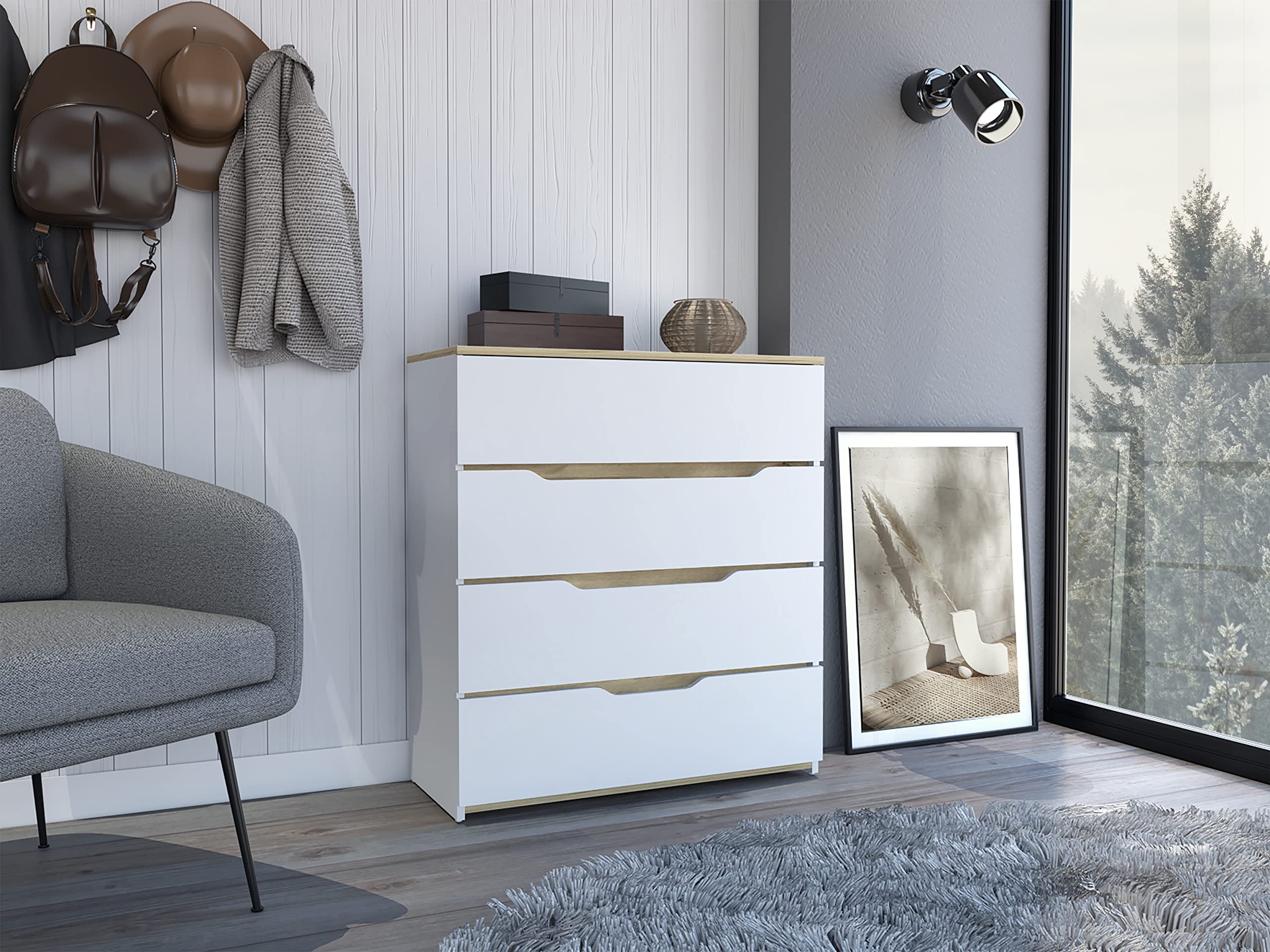 Aralia 4-Drawer Dresser - White/Light Oak Wooden Bedroom Storage Cabinet for Clothes & Accessories | Perfect for Bedroom, Living Room & Office Organization