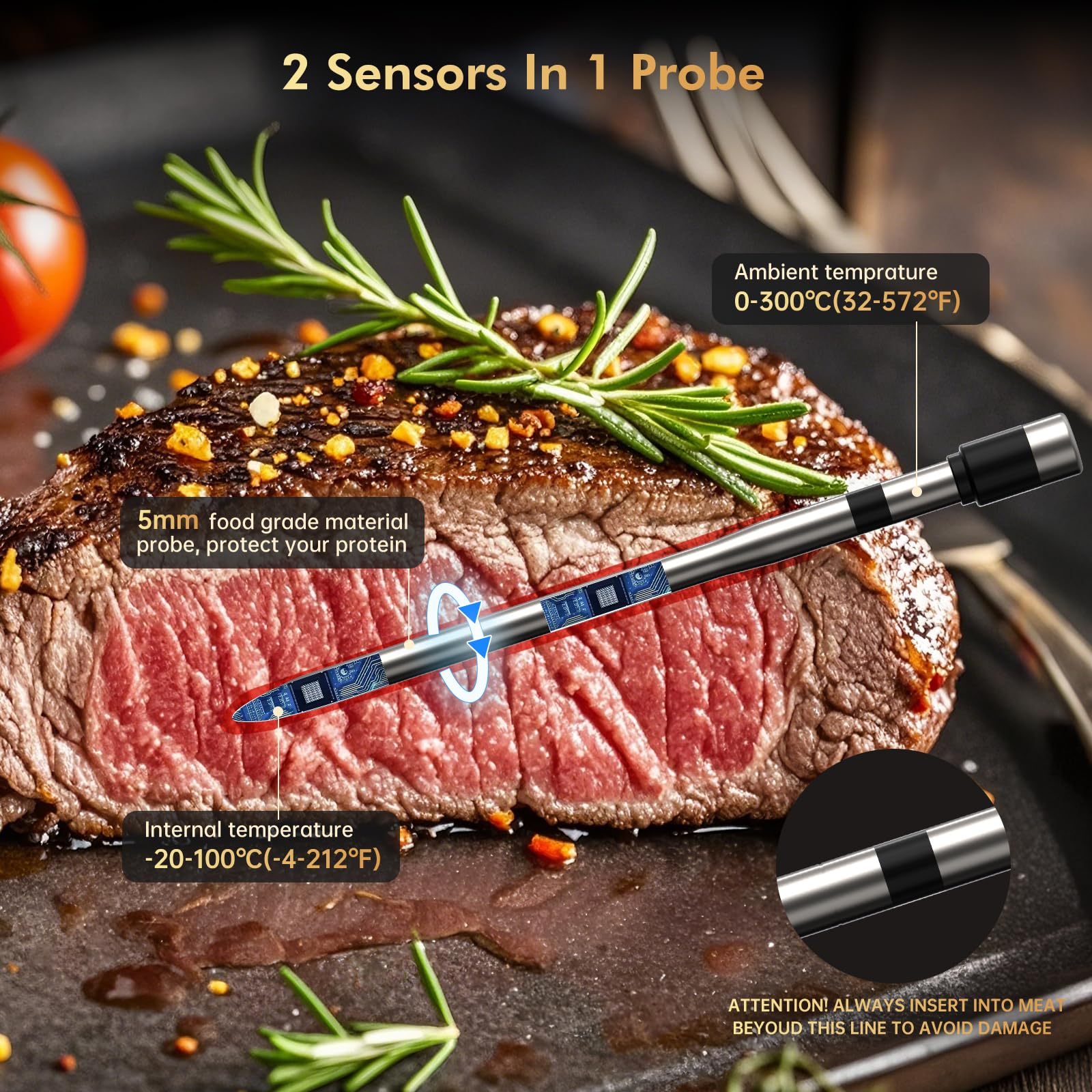 Smart Wireless Meat Thermometer with 5mm Ultra-Thin Probe - Bluetooth BBQ Thermometer with Large LCD Display for Grilling, Smoking, Baking & Air Frying - Perfect for Steak, Turkey, Chicken & Home Cooking (Single Probe)
