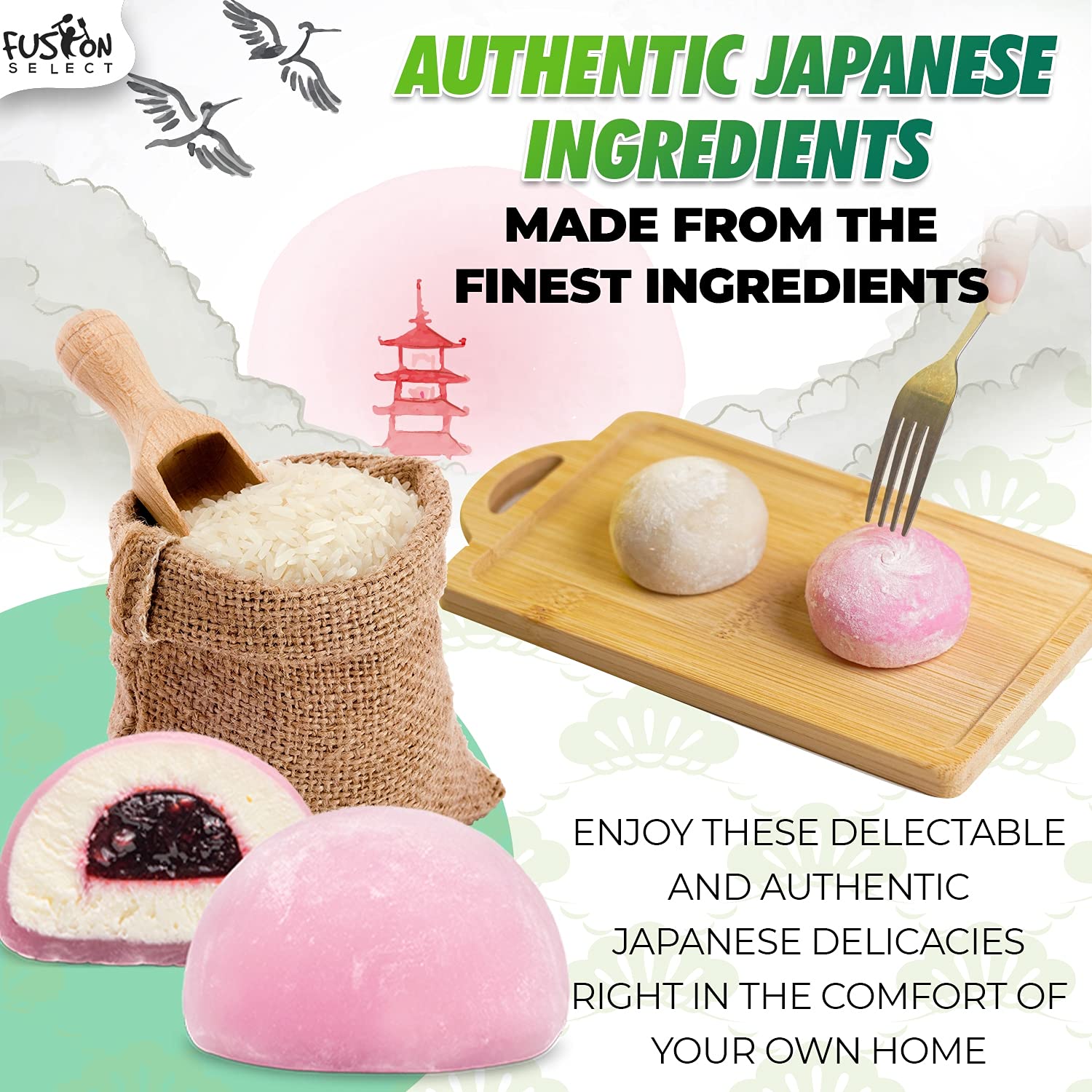 Fusion Select Mochi Daifuku Snacks - Traditional Japanese Rice Cakes with Sweet Filling - Asian Dessert for Family & Parties - Chewy Soft Texture (Taro Flavor) - Perfect for Tea Time, Gifts & Asian Cuisine Lovers