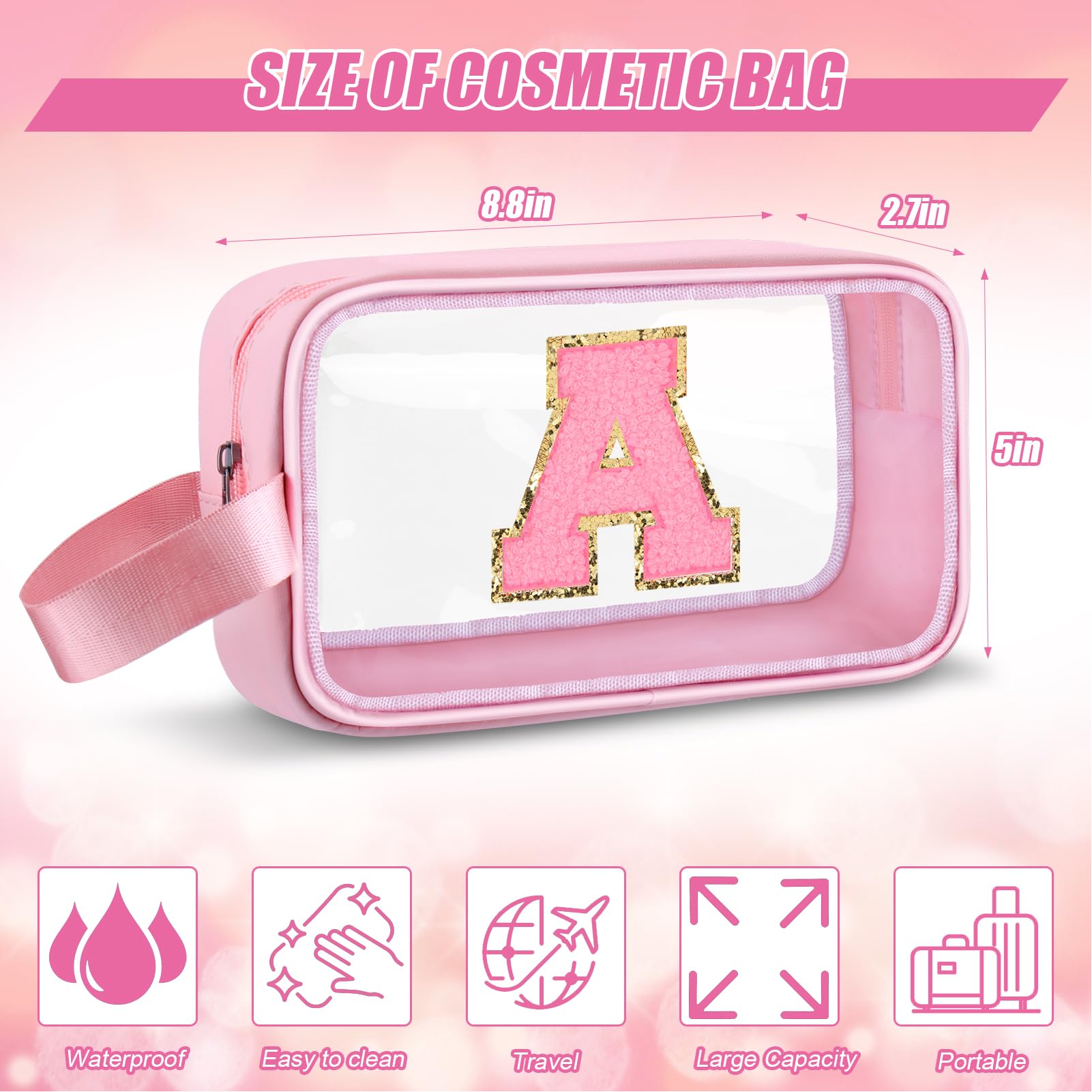 Personalized Monogrammed Makeup Bag Letter A - Cute Clear Cosmetic Travel Organizer for Women & Girls, Waterproof Toiletry Pouch for Beach, Gym, Travel & Daily Use - Pink Aesthetic Design