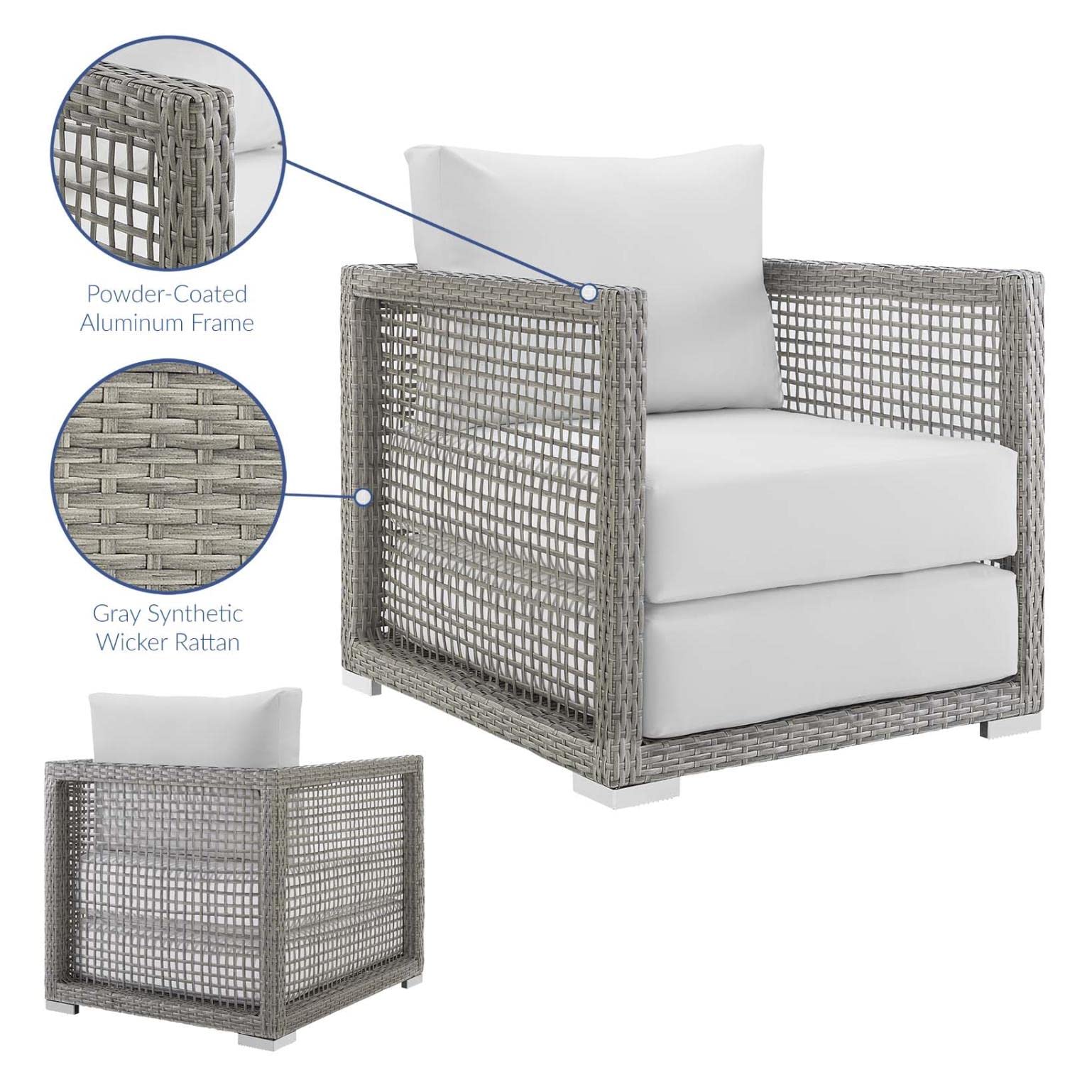 Modway Aura Wicker Rattan Outdoor Patio Arm Chair with Cushions - Gray White Water-Resistant Lounge Chair for Garden, Poolside & Backyard Relaxation