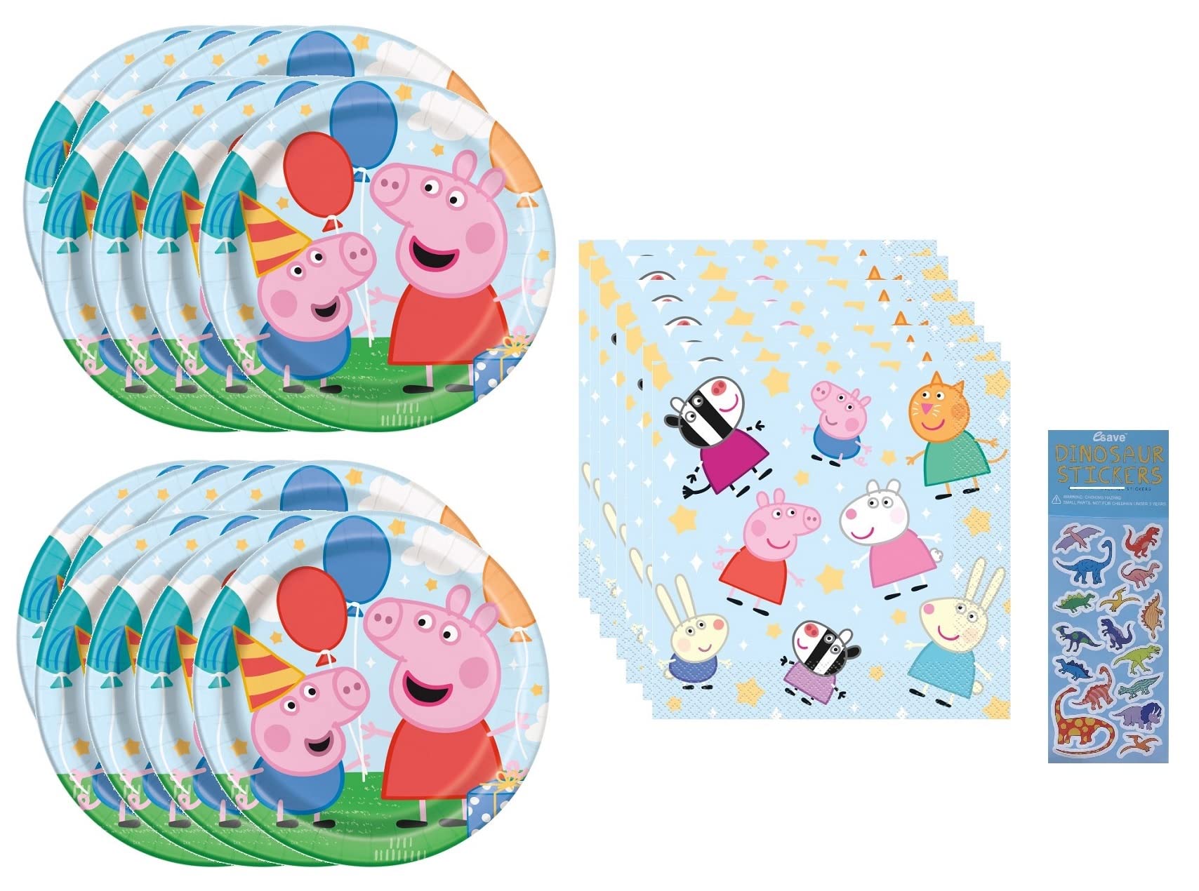 Peppa Pig Birthday Party Supplies Set for 16 Guests - Includes 16 Plates, 16 Napkins & Dinosaur Stickers | Perfect for Kids' Birthday Parties, Baby Showers & Themed Events