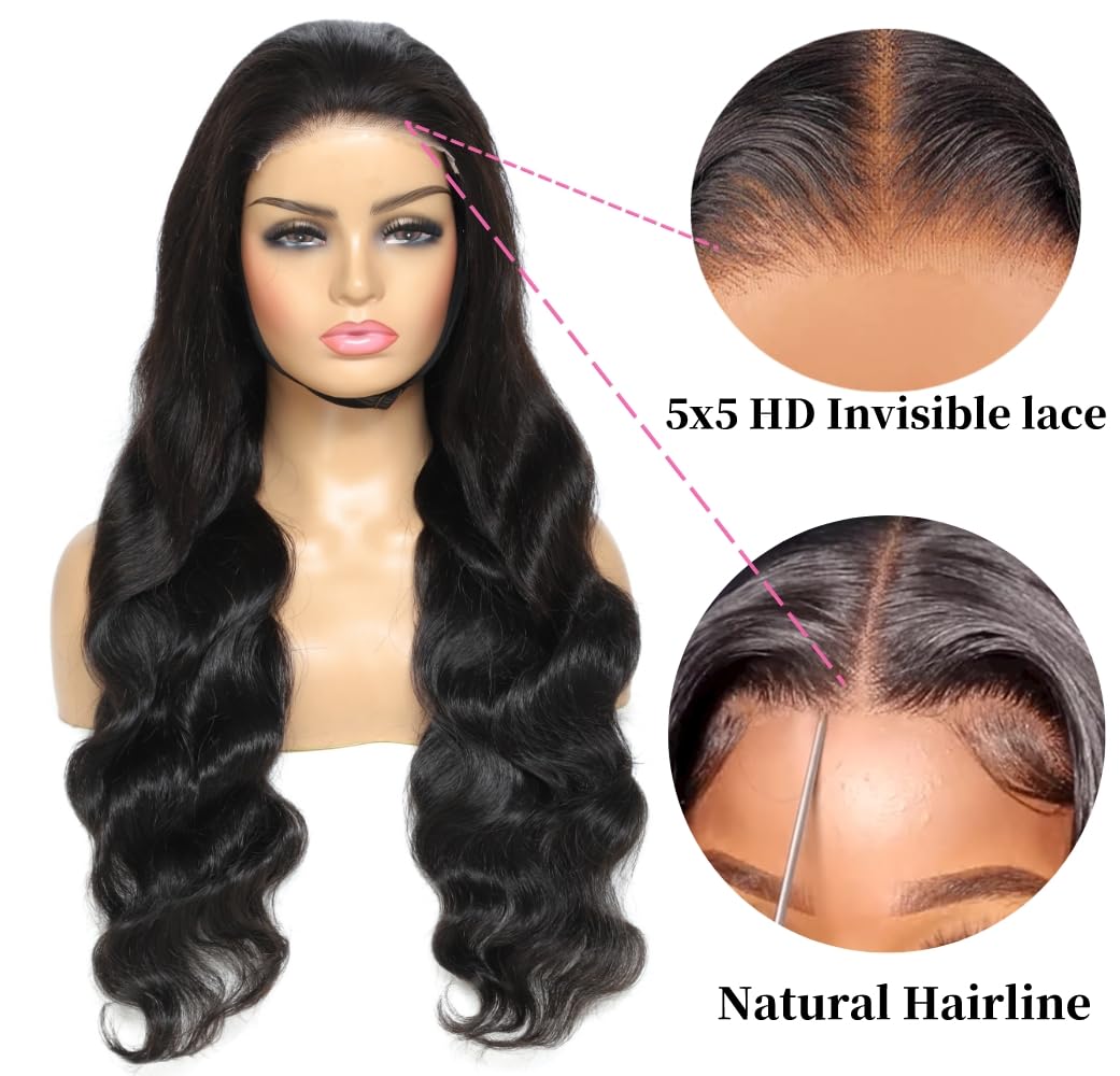5X5 HD Lace Closure Wigs Human Hair - Brazilian Body Wave 180 Density Glueless Wig with Pre Plucked & Pre Cut Lace - No Glue Needed for Easy Wear & Go - Perfect for Daily Use, Parties, Weddings and Special Occasions