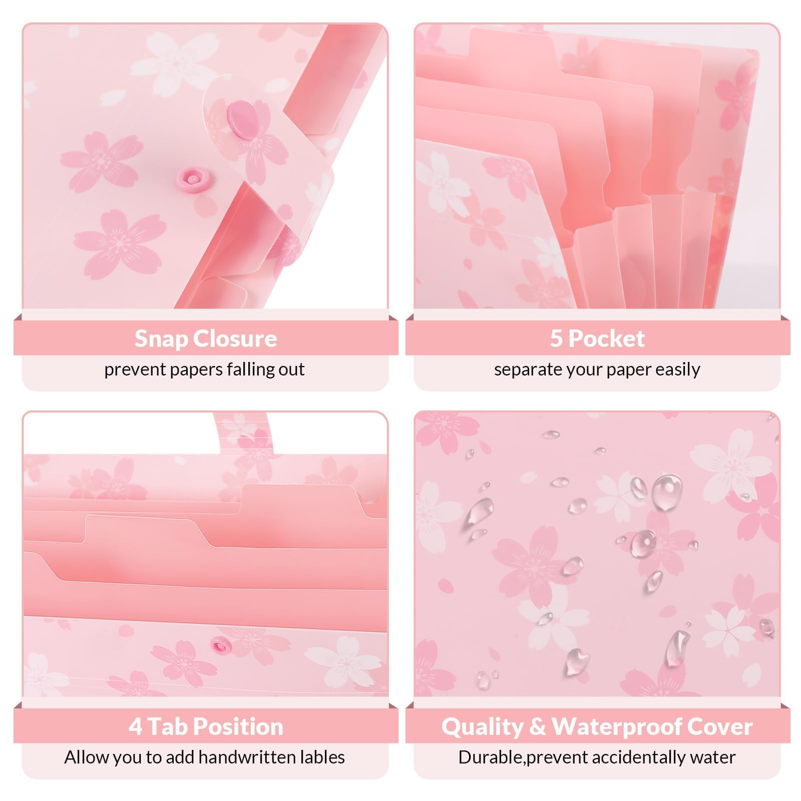 SKYDUE 5-Pocket Expanding File Folder - Letter Size Document Organizer for Office & School Supplies - Pink