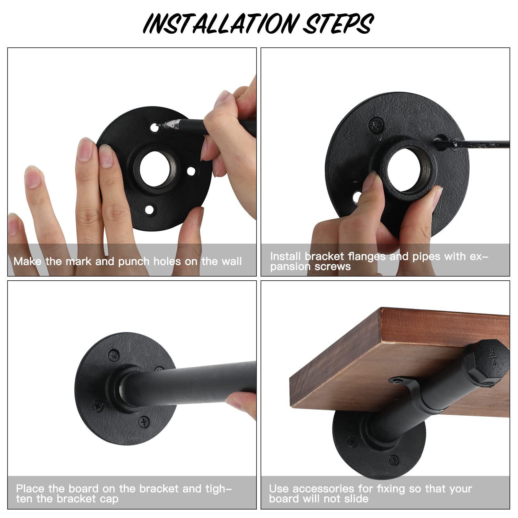 Industrial Black Iron Pipe Shelf Brackets - 8 Inch Set of 6 for DIY Shelving, Wall Mount, Rustic Decor & Garment Rack | Heavy Duty Hardware Included | Perfect for Home Office, Workshop & Farmhouse Style