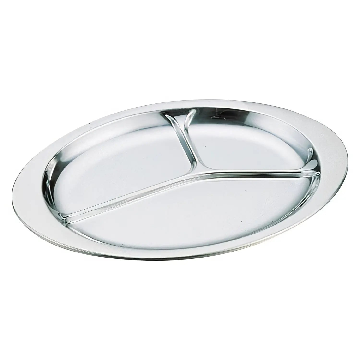 Ikeda Stainless Steel 3-Compartment Oval Lunch Plate - Antibacterial, Eco-Friendly & Durable for School, Office & Picnic Use