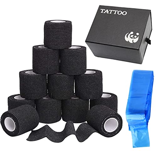 12PCS Tattoo Grip Tape Wrap & 100PCS Clip Cord Covers Set - Elastic Bandage Rolls & Sleeves for Tattoo Machines - Professional Tattoo Kit Accessories for Artists & Studios