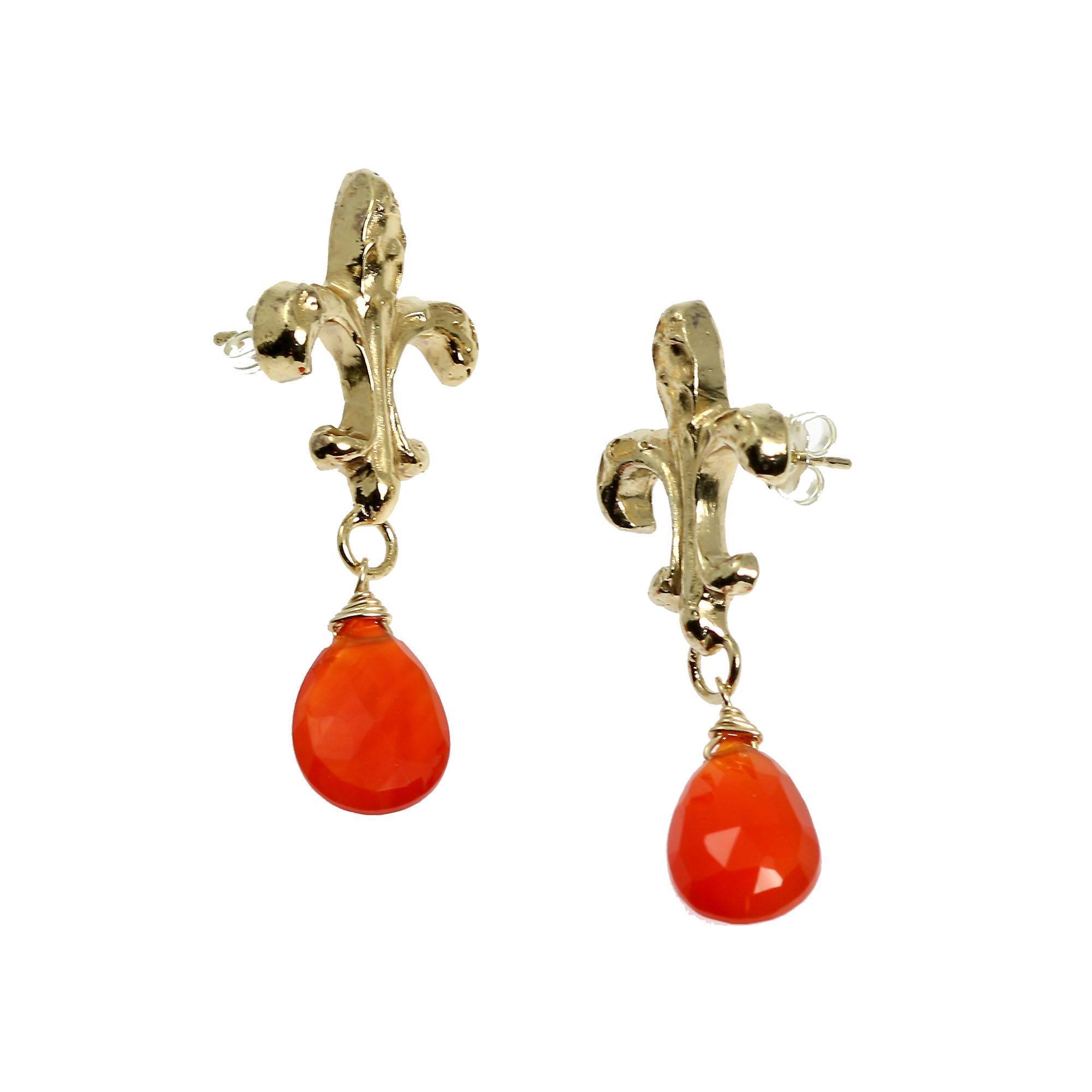 16CT Carnelian Vermeil Fleur de Lis Post Earrings - Elegant Gemstone Stud Earrings for Women, Perfect for Weddings, Parties & Everyday Wear