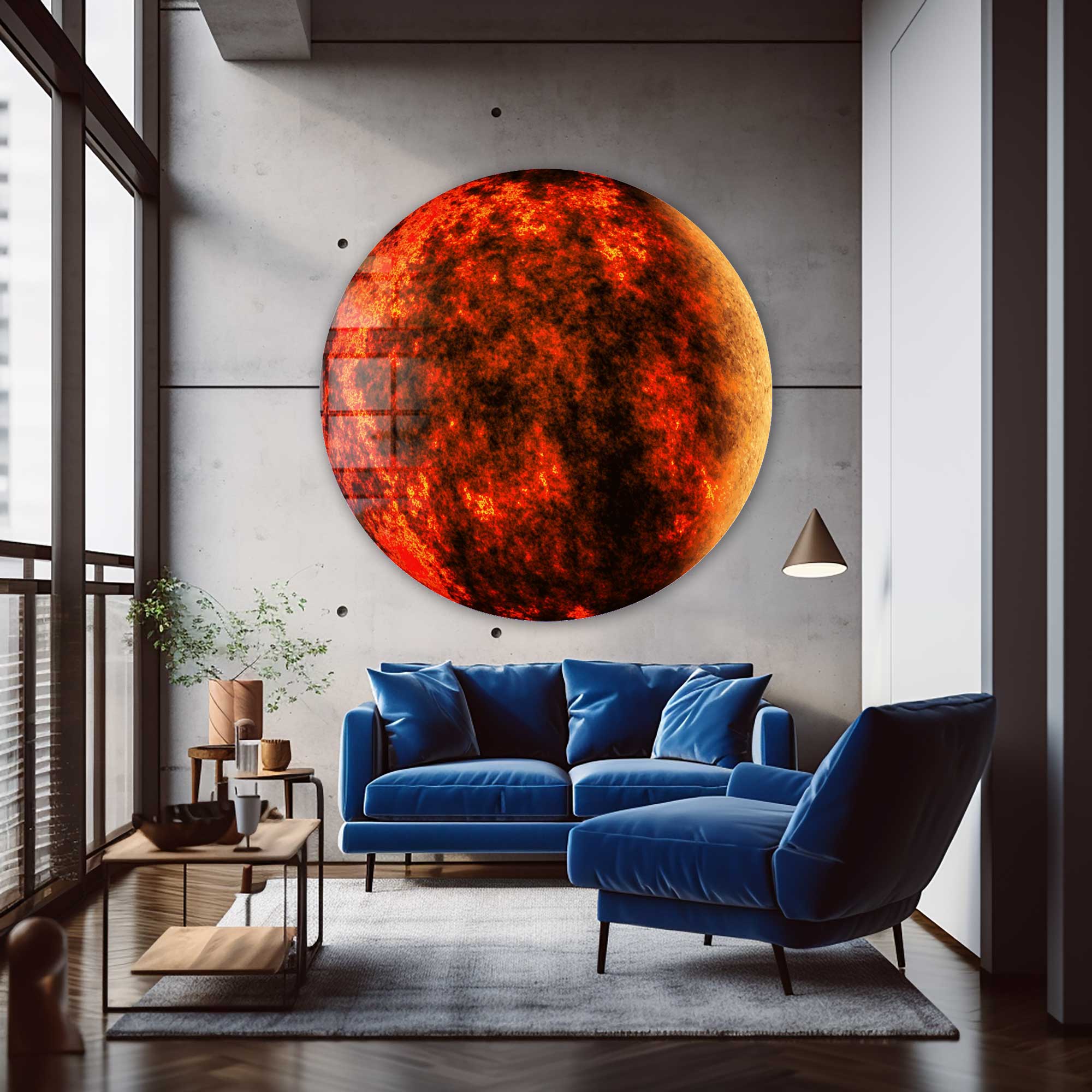 Red Planet Rounded Glass Wall Art - Modern Home Decor for Living Room, Bedroom & Office - Unique Space-Themed Interior Design