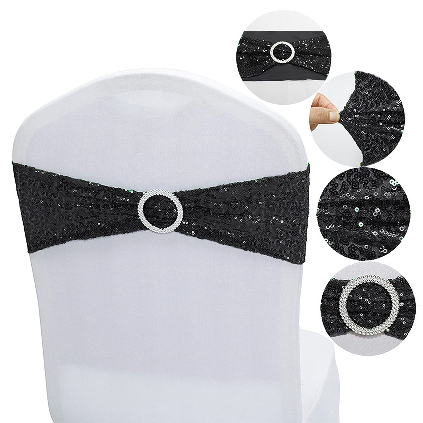 10 PCS Stretch Sequin Chair Sashes - Elastic Spandex Bands for Wedding, Reception, Banquet & Party Chair Decorations (Black) | Elegant Table Setting & Event Decor Accessories