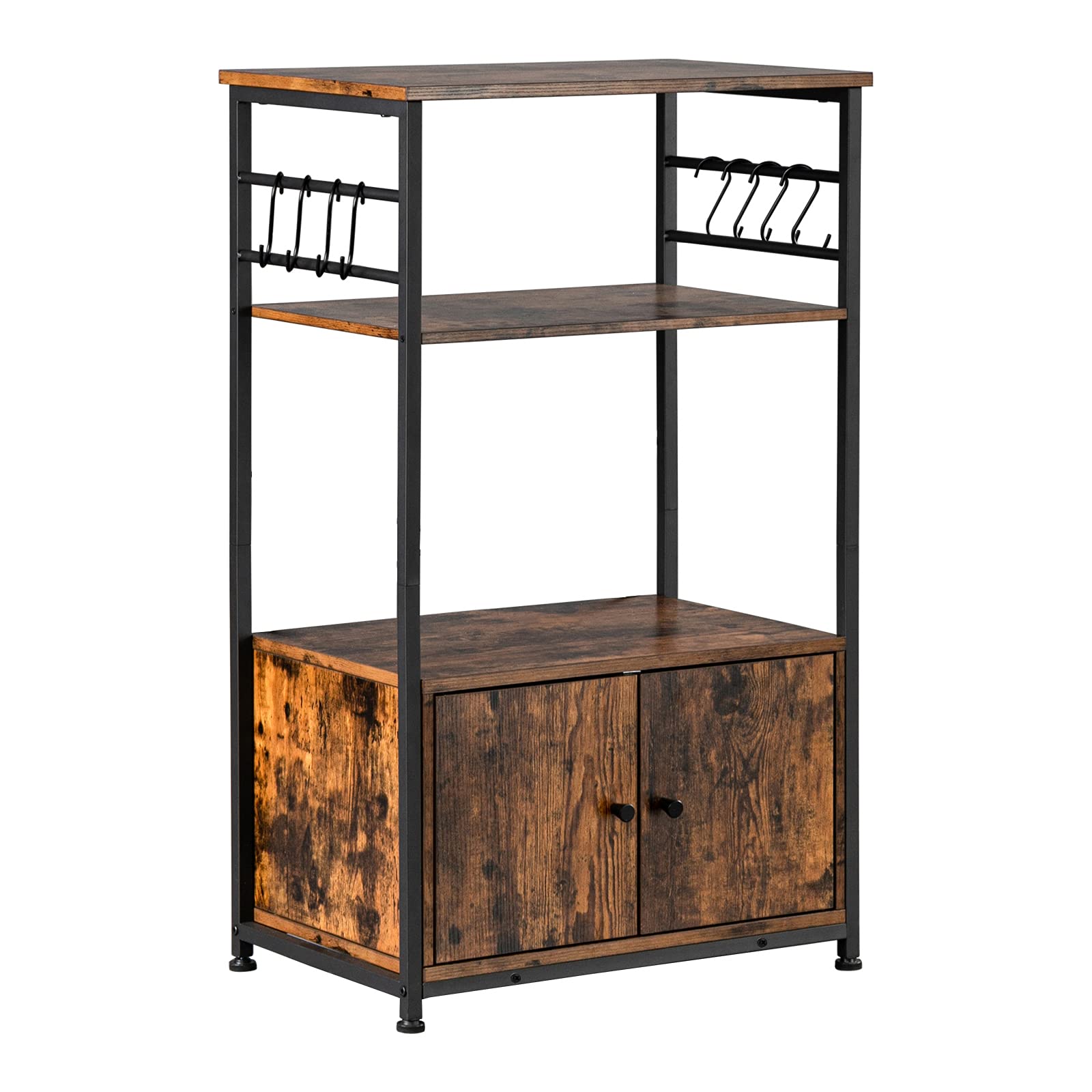 ZKTYQUIHE 3-Tier Kitchen Bakers Rack with Cabinet & 8 Hooks - Microwave Stand, Oven Storage Organizer for Small Spaces | Perfect for Apartments, Dorms & Compact Kitchens