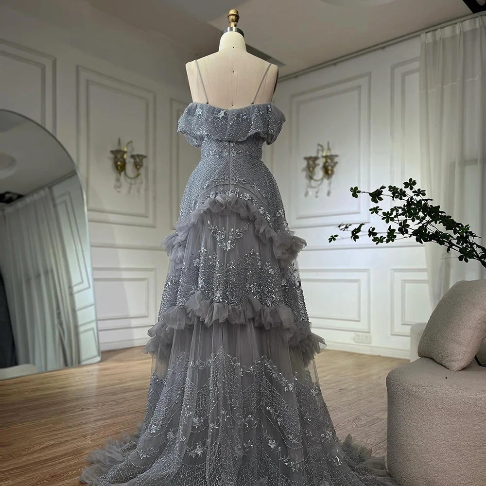 Luxury Dubai Arabic Gray A-Line Off-The-Shoulder Beaded Saudi Evening Gown LA72762 for Formal Events, Weddings & Red Carpet Occasions