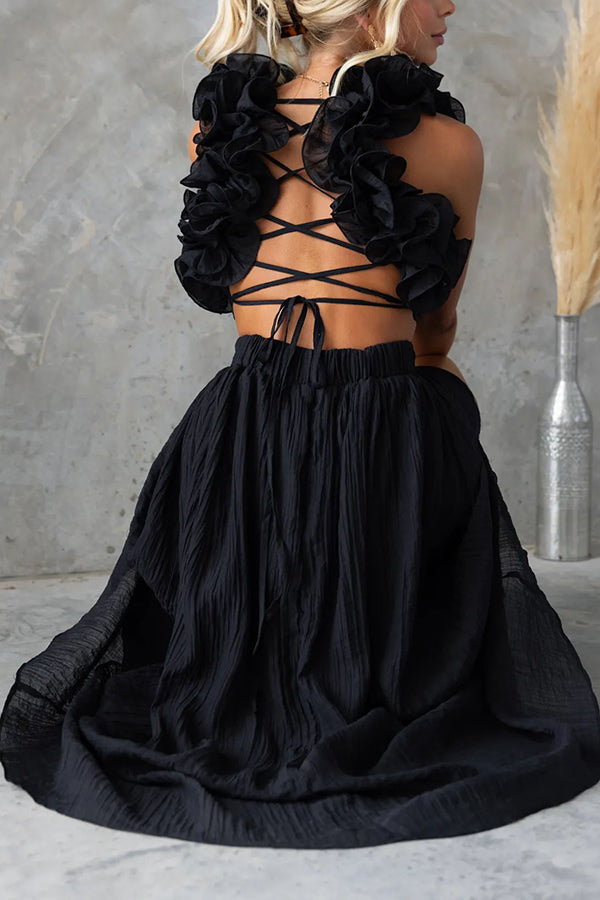 Elegant Floral Ruffle Maxi Dress with Back Lace-Up & Elastic Waist - Perfect for Summer Weddings, Beach Vacations and Date Nights