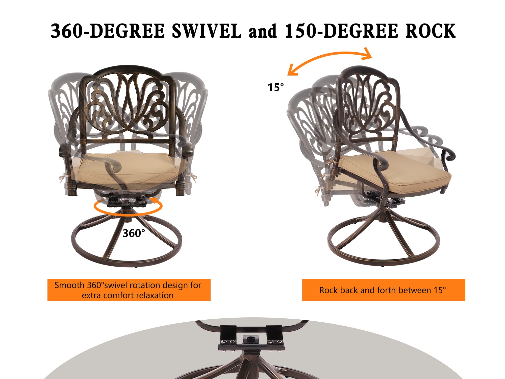Grepatio 7-Piece Outdoor Patio Dining Set - Cast Aluminum Furniture with 6 Swivel Chairs & Cushions + Weather-Resistant Table - Perfect for Backyard, Garden, Deck, Poolside & Outdoor Entertaining (Khaki)