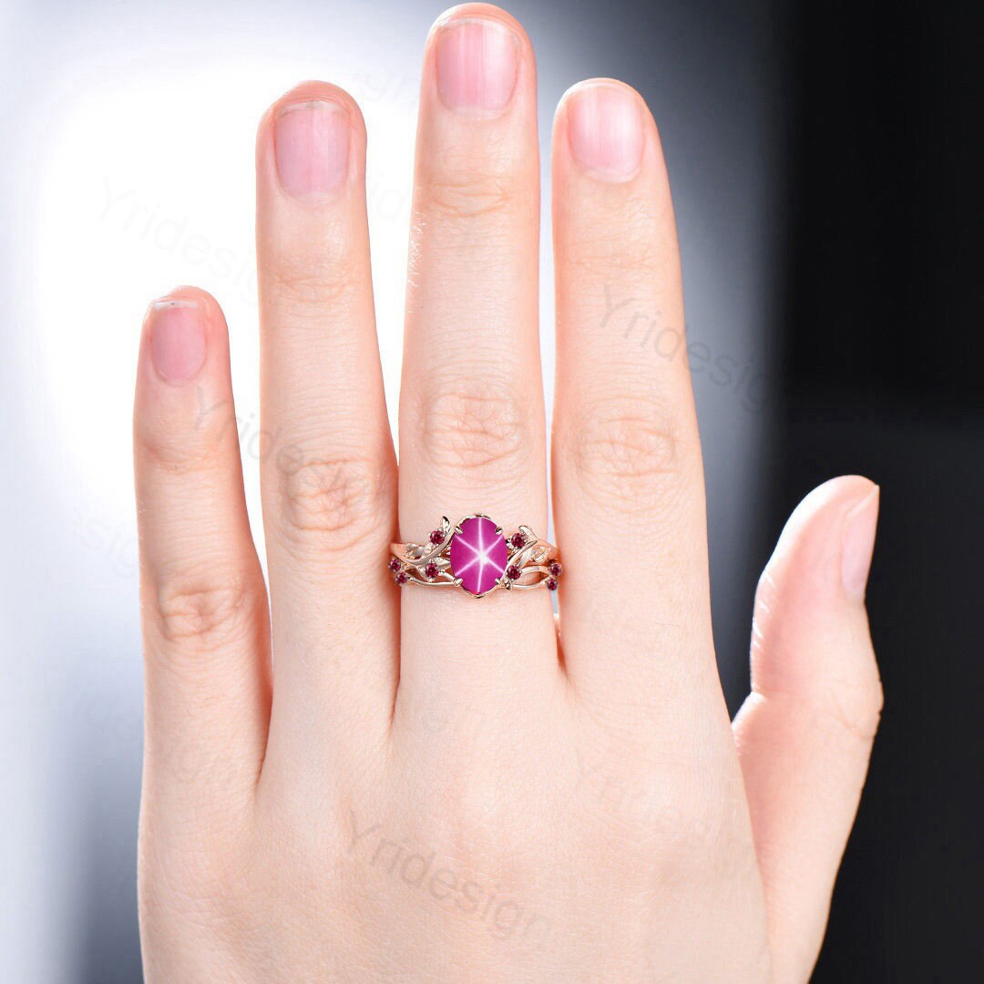 Natural Pink Star Sapphire Ring Set - Unique Leaf Inspired Cluster Sapphire Galaxy Engagement Ring for Women - Twig Ruby Wedding Band Set - Perfect for Bridal, Anniversary, and Special Occasion Gifts