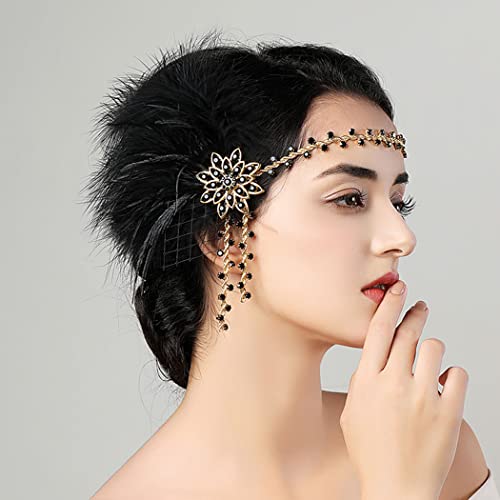 1920s Vintage Feather Flapper Headband with Rhinestones & Flower - Great Gatsby Hair Accessory for Women & Girls - Perfect for Roaring 20s Parties, Costume Events & Themed Weddings