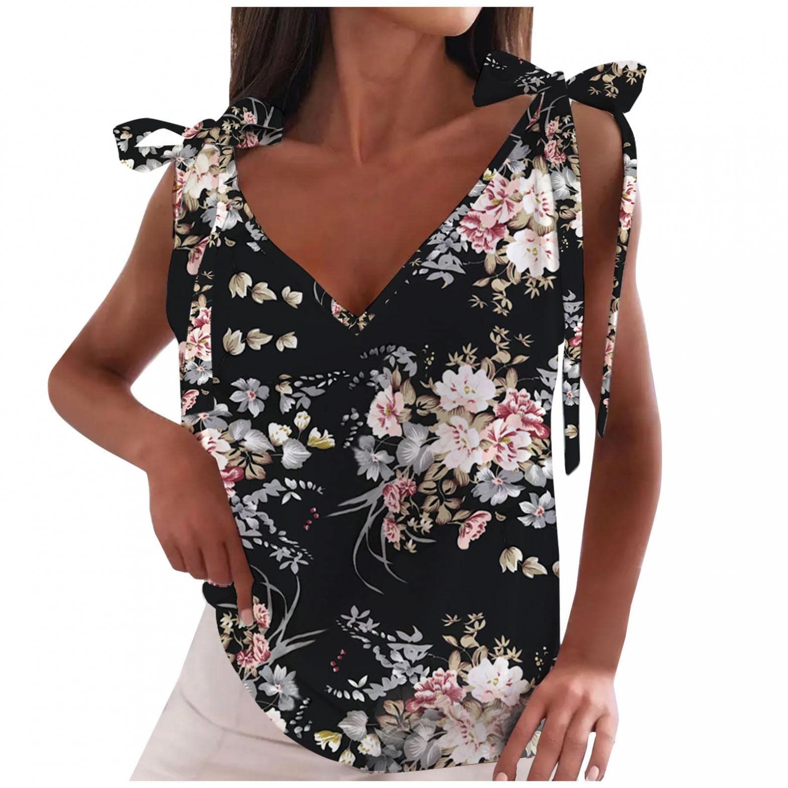 Women's Vintage Floral V-Neck Sleeveless Tank Top with Bow Strap - Summer Casual Loose Fit Camisole for Beach, Party & Everyday Wear