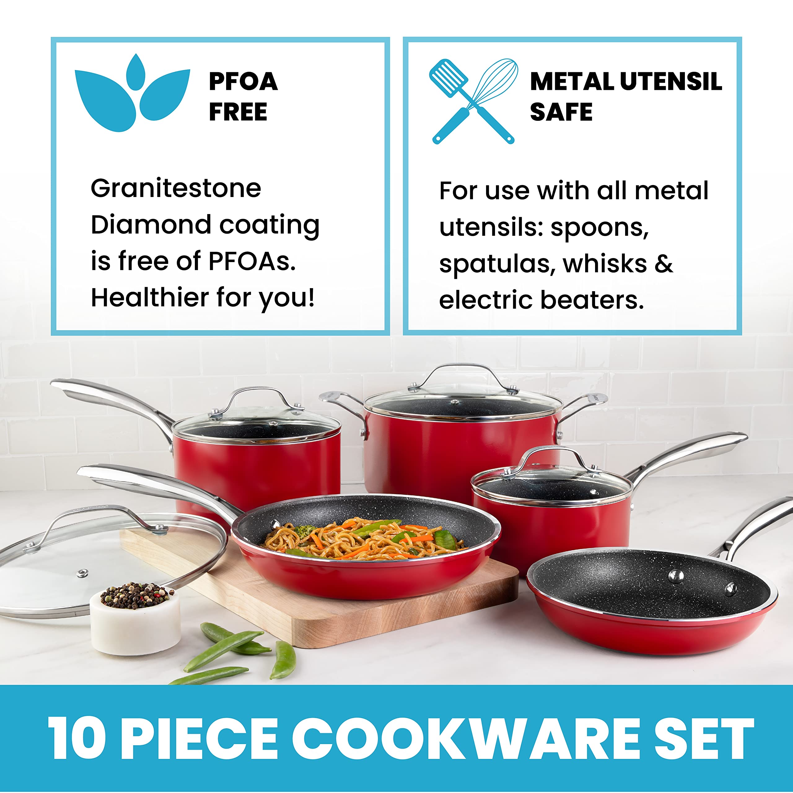 GraniteStone 10-Piece Nonstick Cookware Set - Red Granite Coated Pots and Pans with Diamond Infused Technology | Durable Kitchen Cookware for Frying, Boiling & Sauteing | Perfect for Gas, Electric & Induction Stovetops