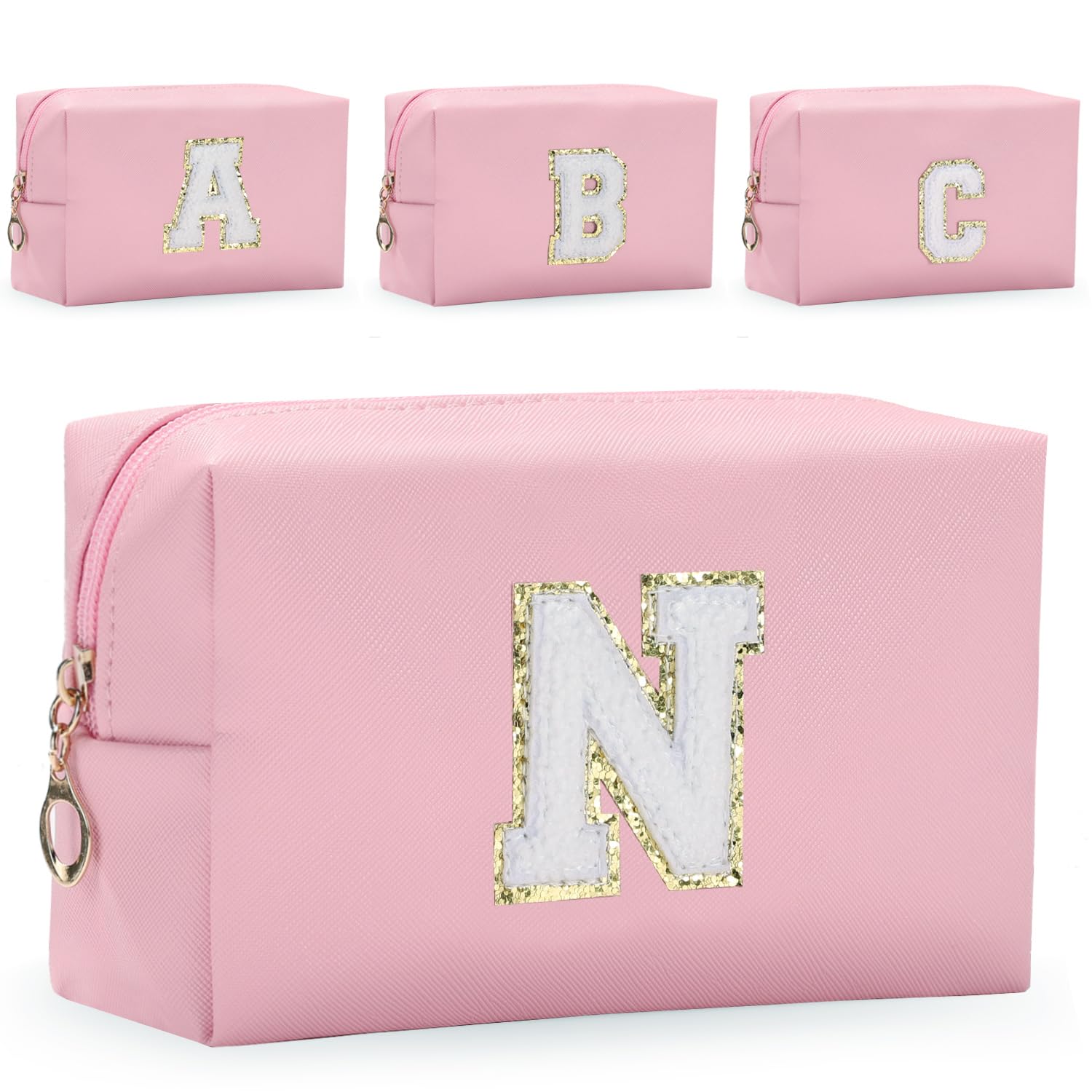 Personalized Initial Letter Makeup Bag for Women - Cute Waterproof PU Leather Cosmetic Travel Bag, Zippered Toiletry Pouch Organizer (N, Pink) - Perfect for Travel, Gym & Daily Essentials Storage