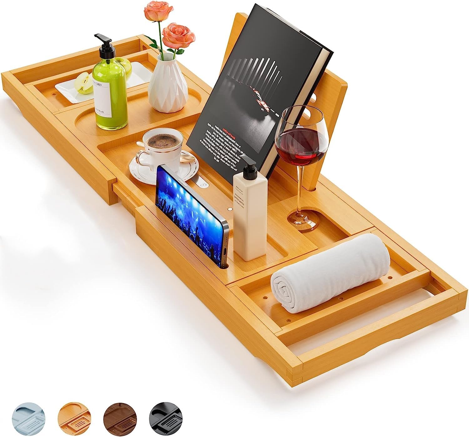 Luxury Expandable Bamboo Bath Tray with Wine Glass Holder & Tablet Stand - Wooden Bathtub Caddy for Books, Smartphone & Relaxation (Blue, Black, Brown, Natural Wood) - Perfect for Spa Nights, Bubble Baths & Self-Care Moments