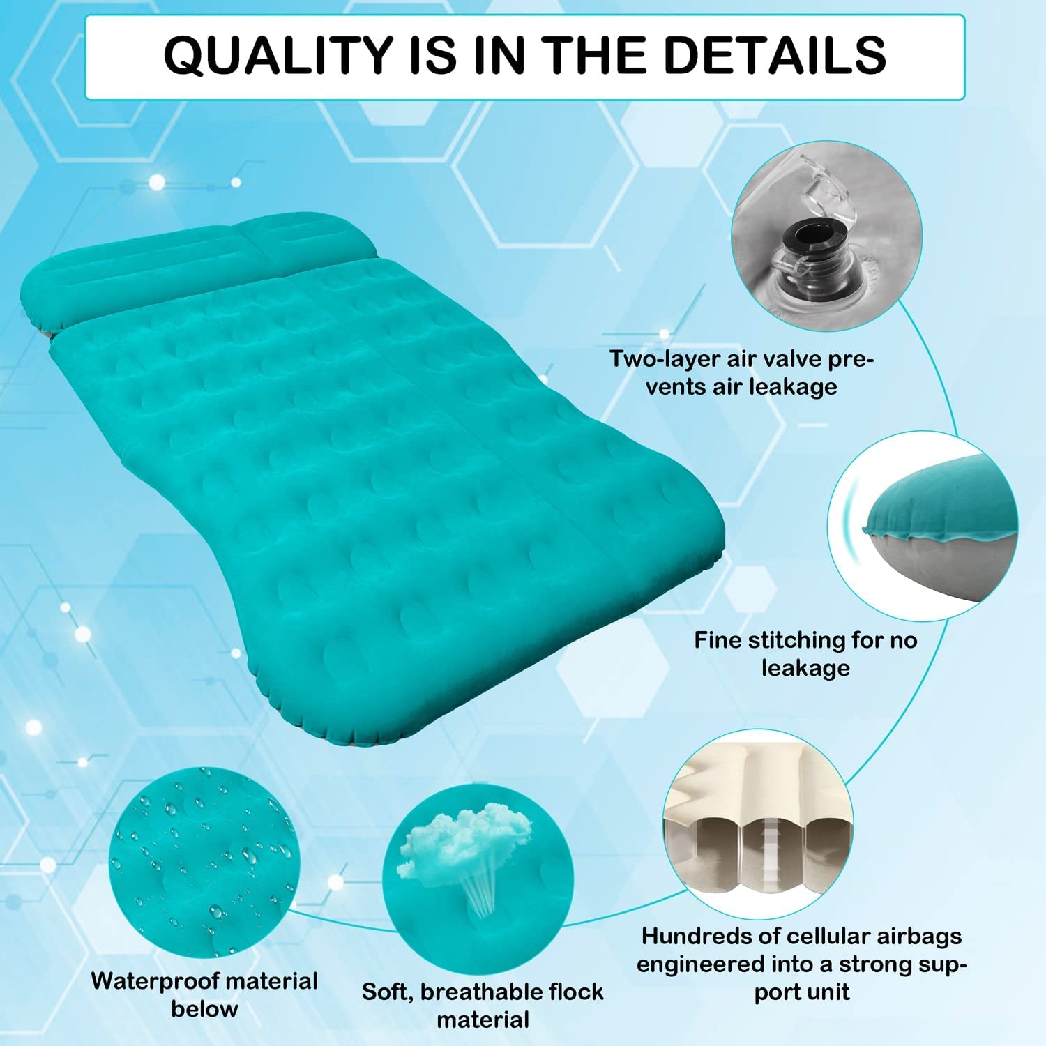 AKUDY Thickened Inflatable Car Air Mattress for SUV & Truck - Portable Camping Bed for Travel, Road Trips & Outdoor Sleeping (Blue, No Pedals)