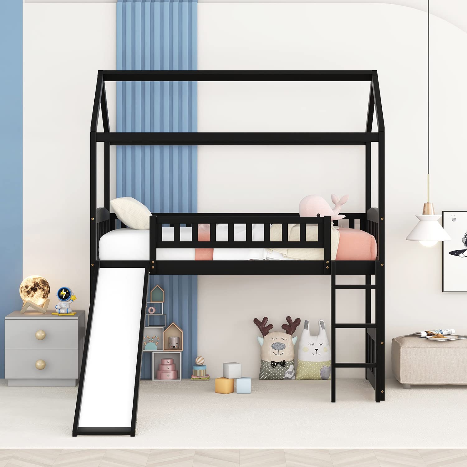 Harper & Bright Designs Twin Loft Bed with Slide & Ladder - Wooden Kids House Loft Bed for Girls & Boys, No Box Spring Needed, Espresso Finish - Perfect for Small Bedrooms, Playrooms & Sleepovers
