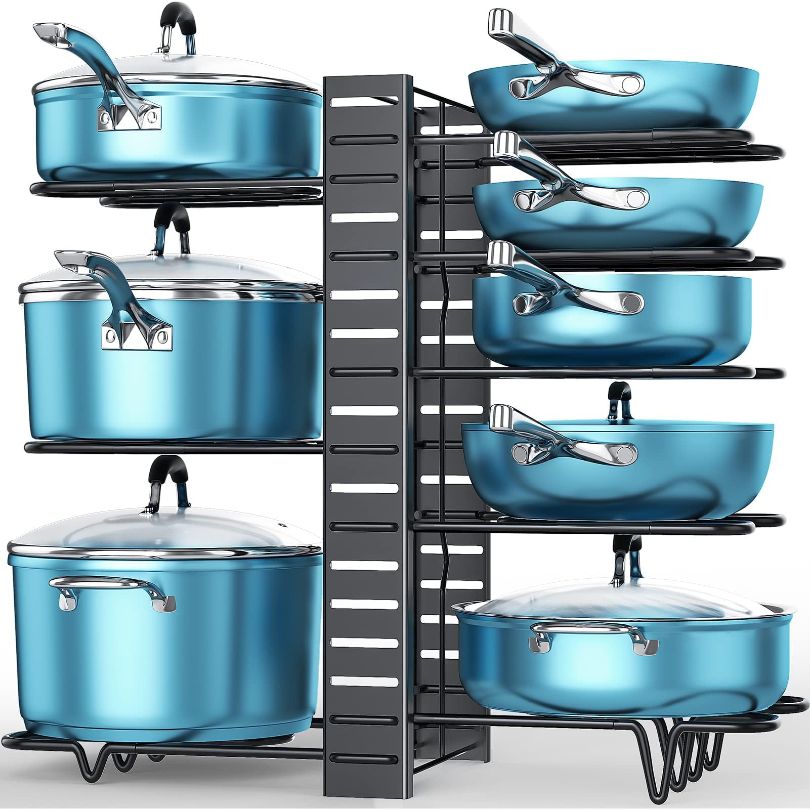 ORDORA 8-Tier Adjustable Kitchen Cabinet Organizer for Pots, Pans & Lids - Space Saving Storage Rack with 3 DIY Installation Methods - Perfect for Small Kitchens & Clutter-Free Countertops