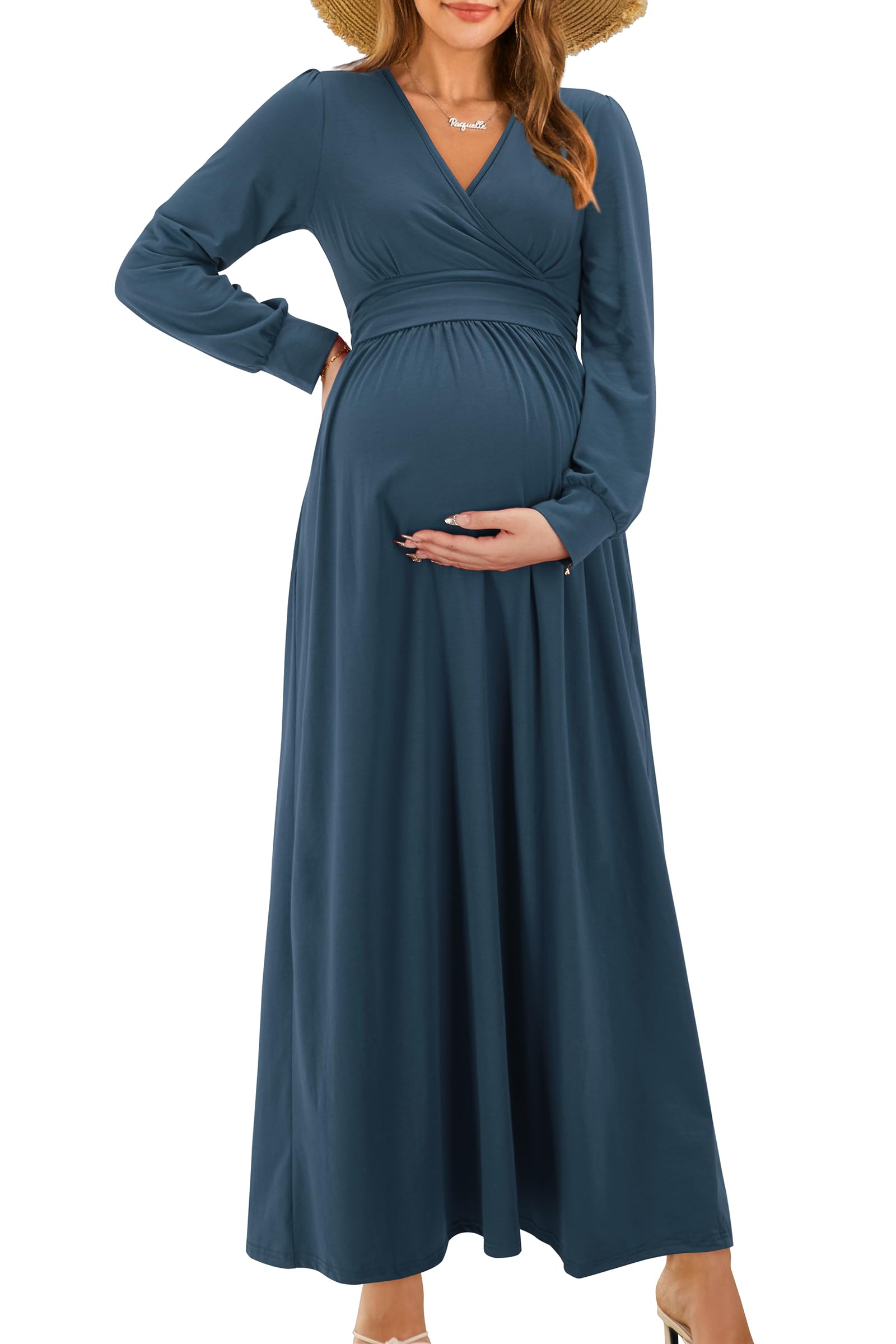 OUGES Maternity Maxi Dress - Long Sleeve Wrap V-Neck Pregnancy Gown for Baby Shower, Photoshoot & Fall Season | Comfortable Maternity Clothes for Pregnancy & Special Occasions