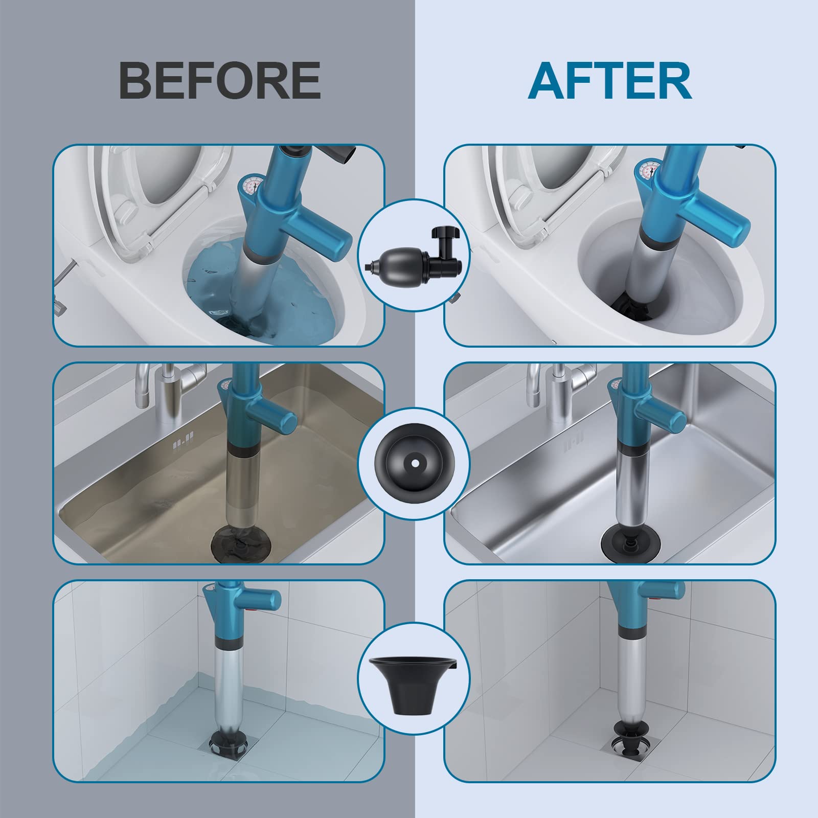 Stainless Steel Toilet Plunger - High Pressure Drain Blaster with Visual Barometer - Manual Clog Remover for Toilets, Sinks, Bathroom Pipes & Floor Drains - Perfect for Home, RV & Commercial Use