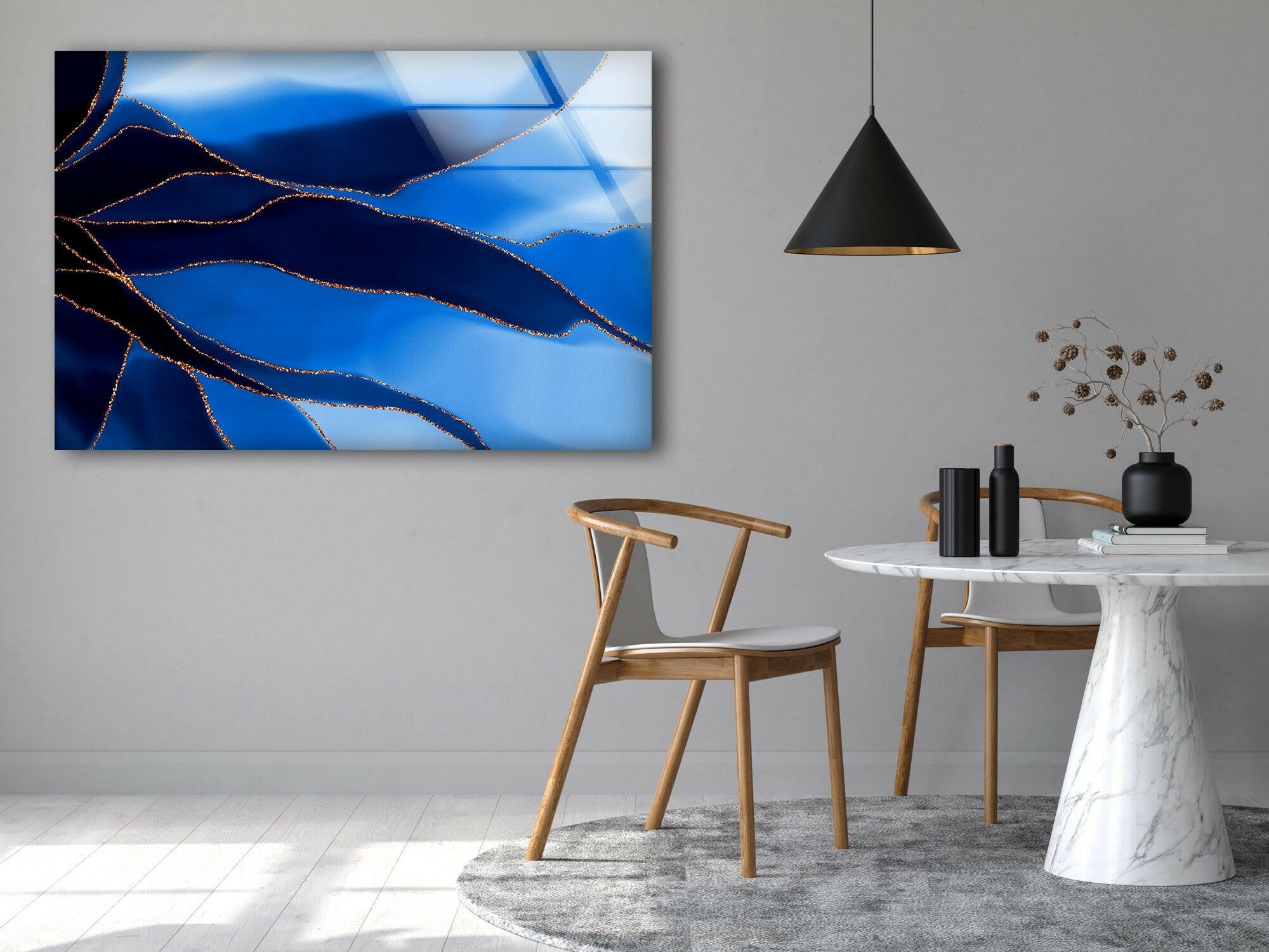 Blue and Gold Marble Abstract Glass Wall Art - Modern Home Decor for Living Room, Bedroom & Office | Handmade Glass Wall Hanging for Contemporary Interior Design