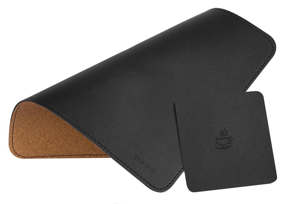 Premium Leather & Wood Double-Sided Mouse Pad with Stitched Edges - Non-Slip Desk Mat with Built-in Coaster for Laptop, PC, Office & Home Use (8x11 Inches, Black) - Ideal for Workstations, Gaming Setups & Home Offices
