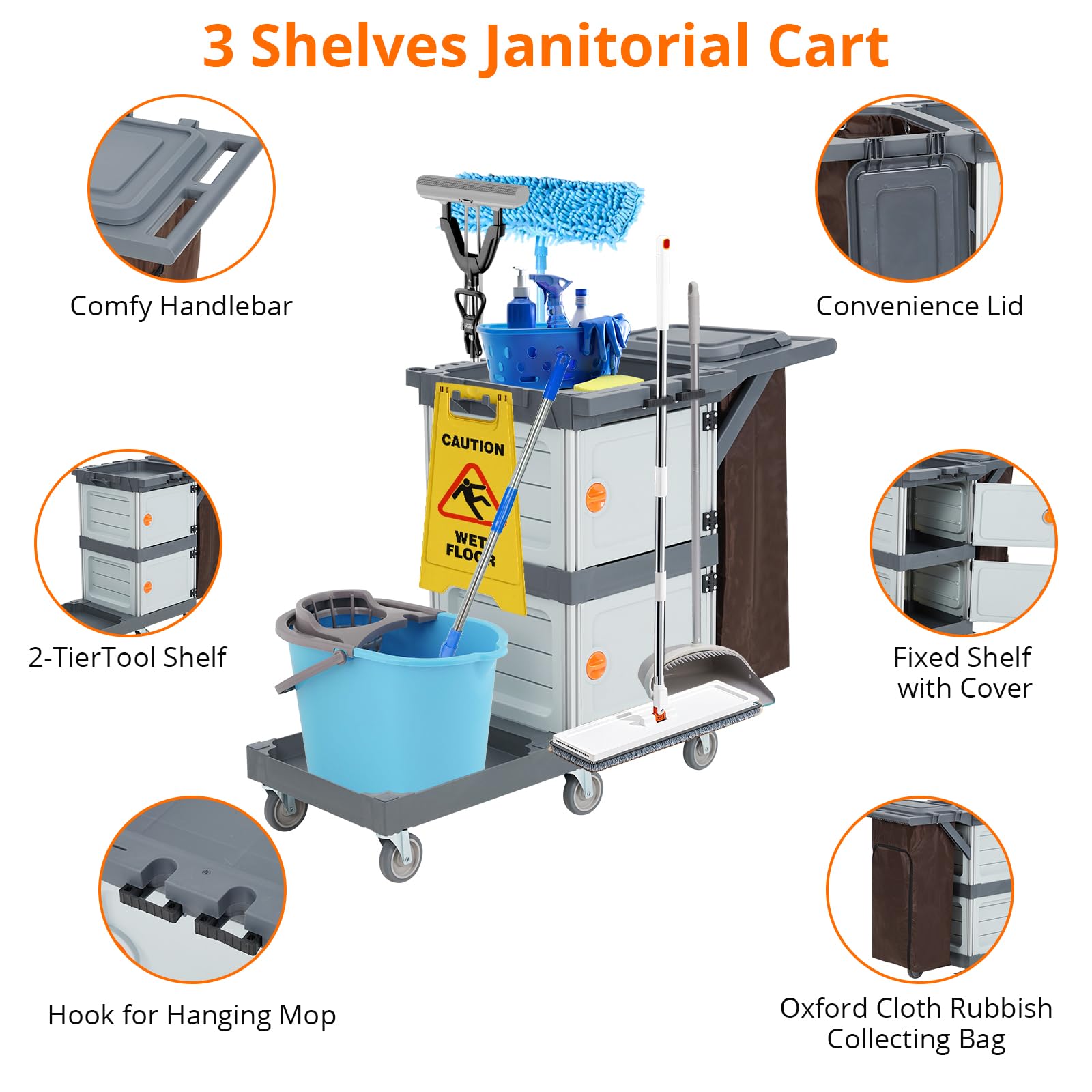 Commercial Janitorial Cart with 2 Cabinets - Heavy Duty Black Housekeeping Caddy with Cover, Shelves & Vinyl Bag | Ideal for Hotels, Hospitals & Office Cleaning