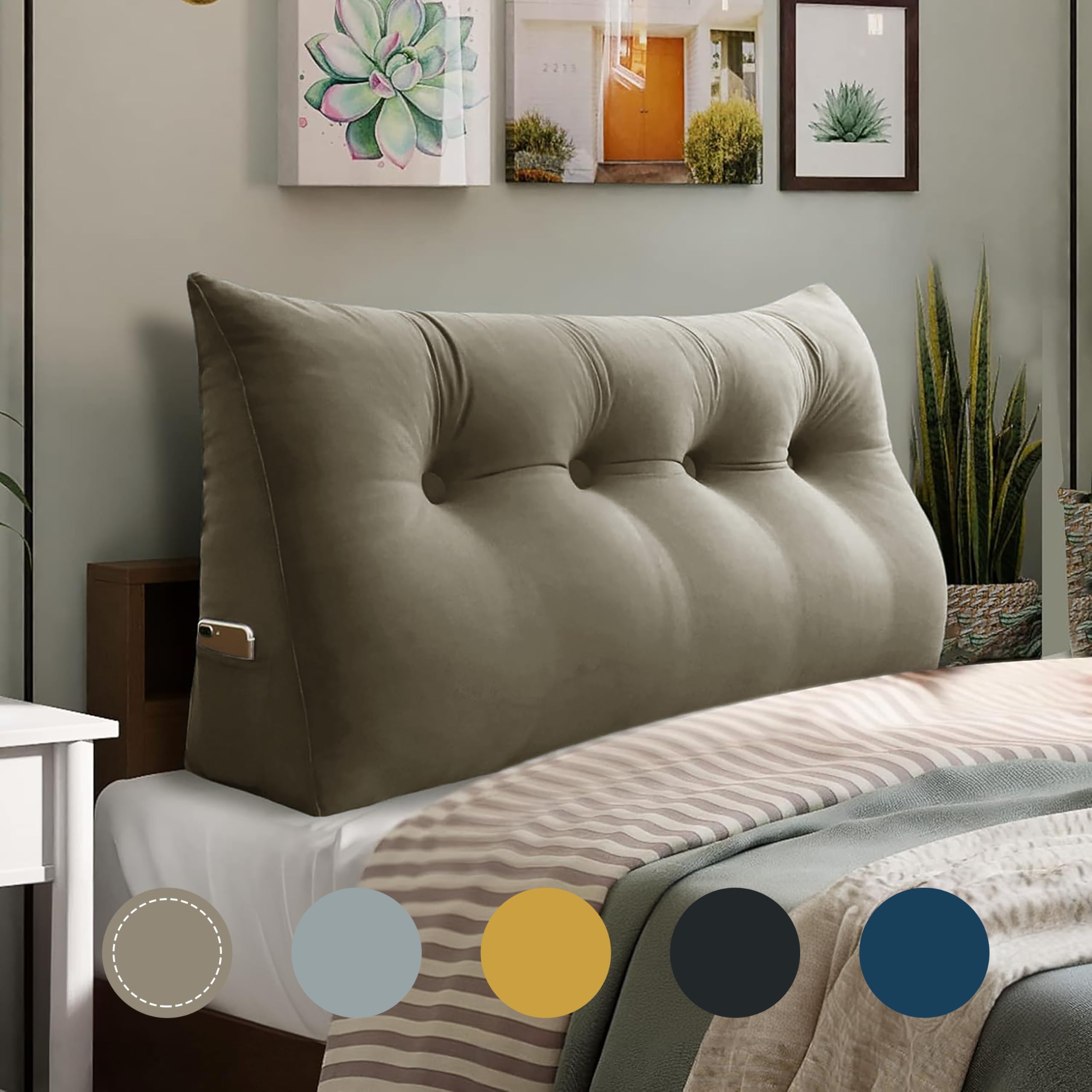 **WOWMAX Triangular Headboard Pillow - Full Bed Wedge Pillow with Removable Velvet Cover (100% Cotton, Beige-Gray) - Support Pillow for Headboard, Daybed, Reading & Relaxing in Bed**