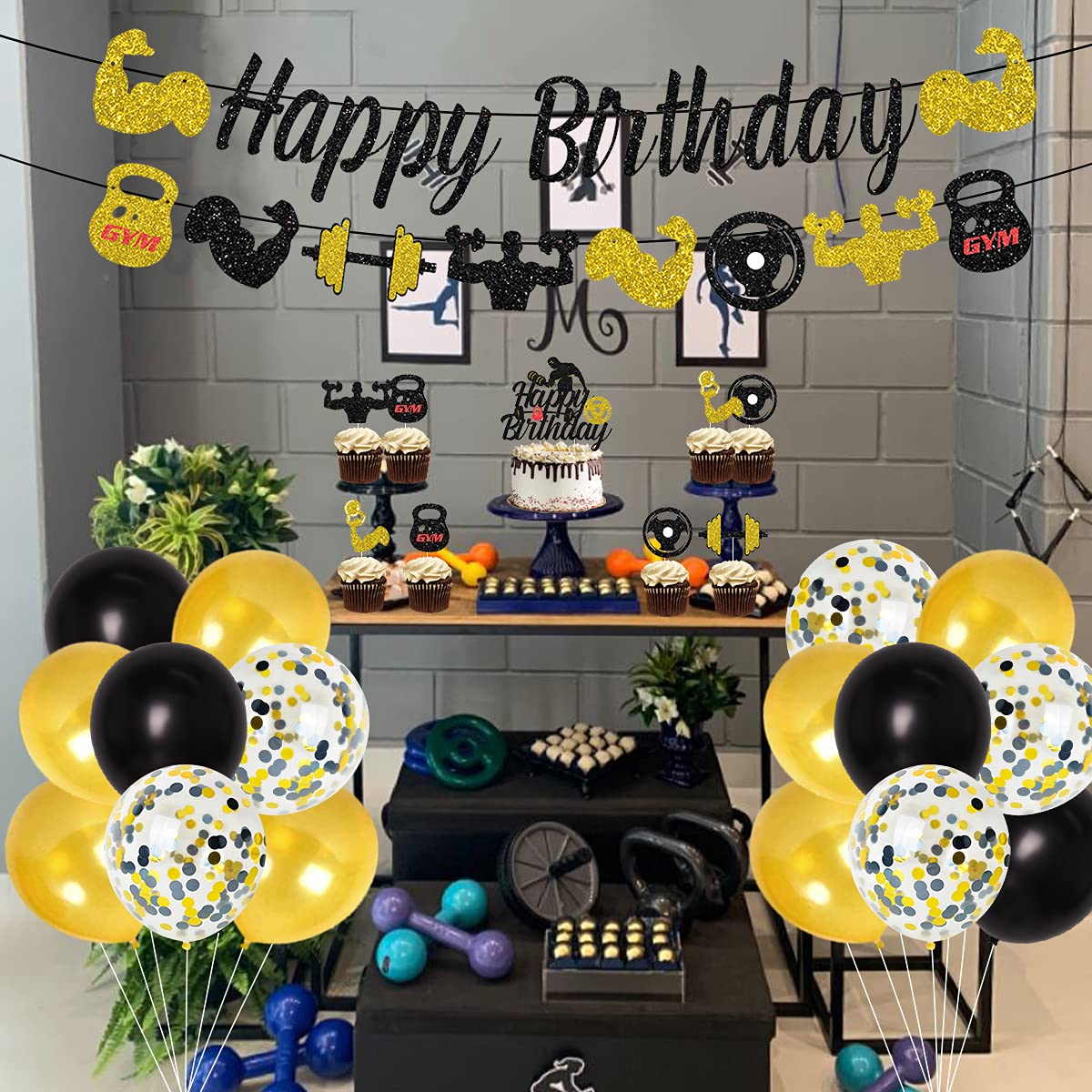 Black and Gold Gym Birthday Party Decorations - Weight Lifting Theme Party Supplies with Fitness Cake Topper & Glitter Banner | Perfect for Men's Fitness Themed Celebrations, Workout Parties & Gym Enthusiast Events