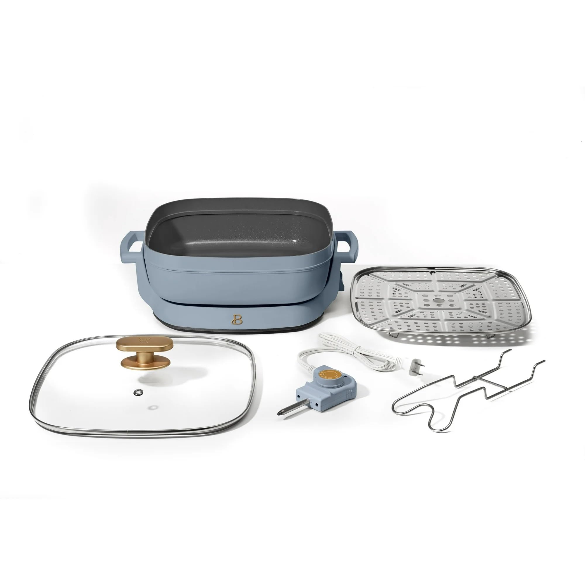 5-in-1 Electric Skillet with Glass Lid - Expandable to 7 Qt, Nonstick Ceramic Cookware Set by Drew Barrymore (Cornflower Blue) - Perfect for Frying, Sautéing, Steaming, Slow Cooking & More in Small Kitchens