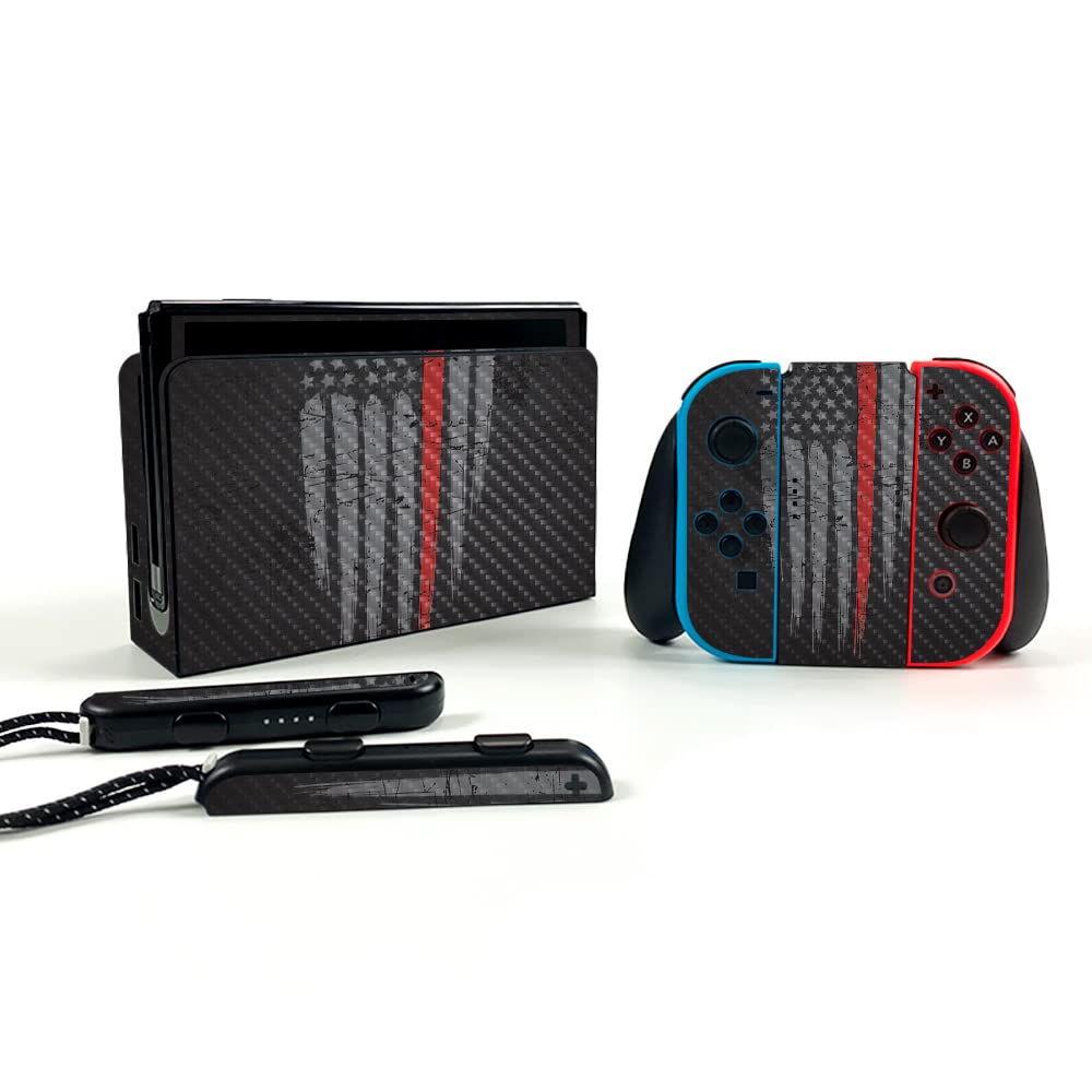 MightySkins Carbon Fiber Skin for Nintendo Switch OLED - Thin Red Line | Protective & Durable Textured Cover | Easy to Apply | Made in USA | Perfect for Gaming, Travel & Everyday Protection