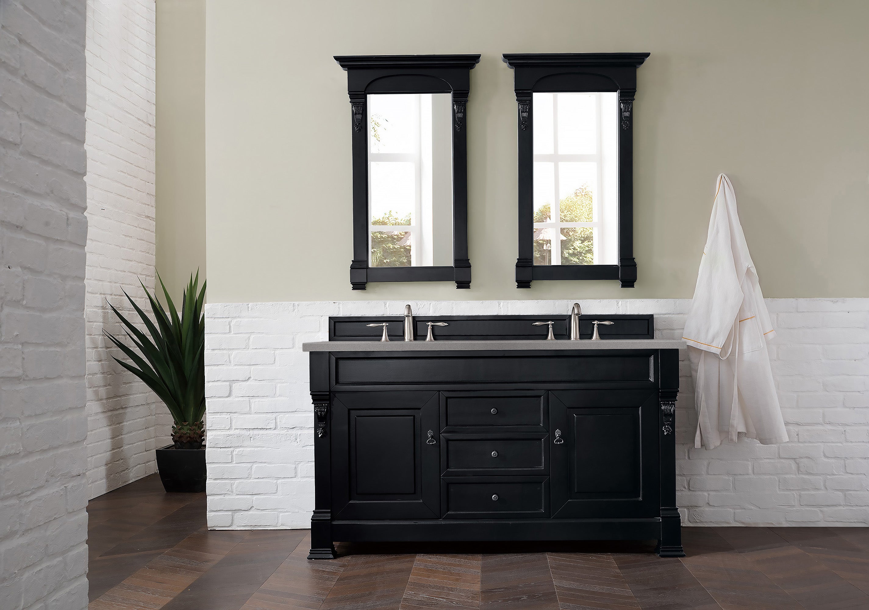 Brookfield 60 Inch Double Bathroom Vanity with Antique Black Finish & 3CM Grey Expo Quartz Top - Perfect for Master Bathroom or Guest Bath Renovation