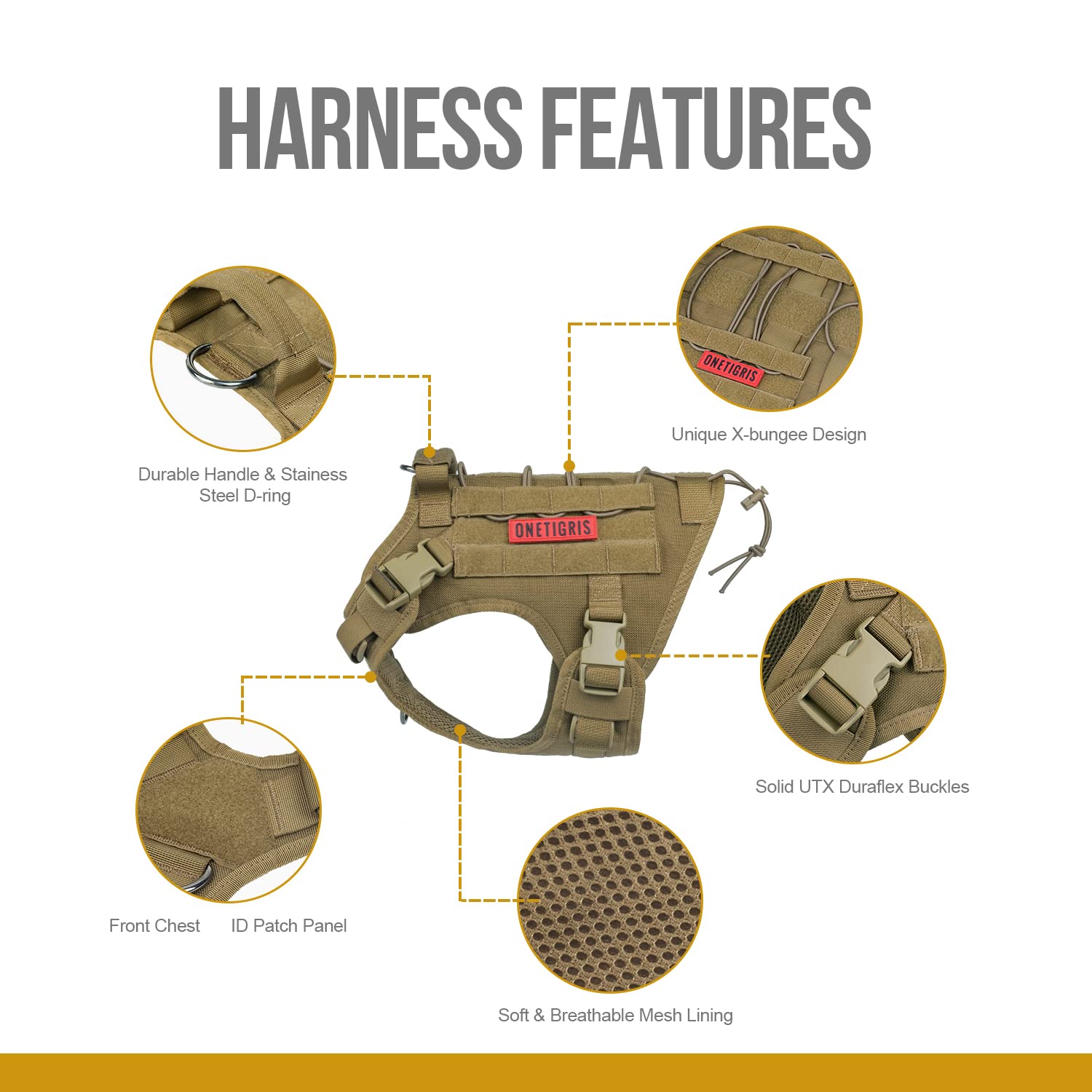 OneTigris Tactical Dog Harness Vest - No-Pull Service Dog Vest with Hook & Loop Panels, Adjustable Pet Harness for Walking, Hiking & Training - Coyote Brown, XS - Perfect for Outdoor Adventures & Service Dogs