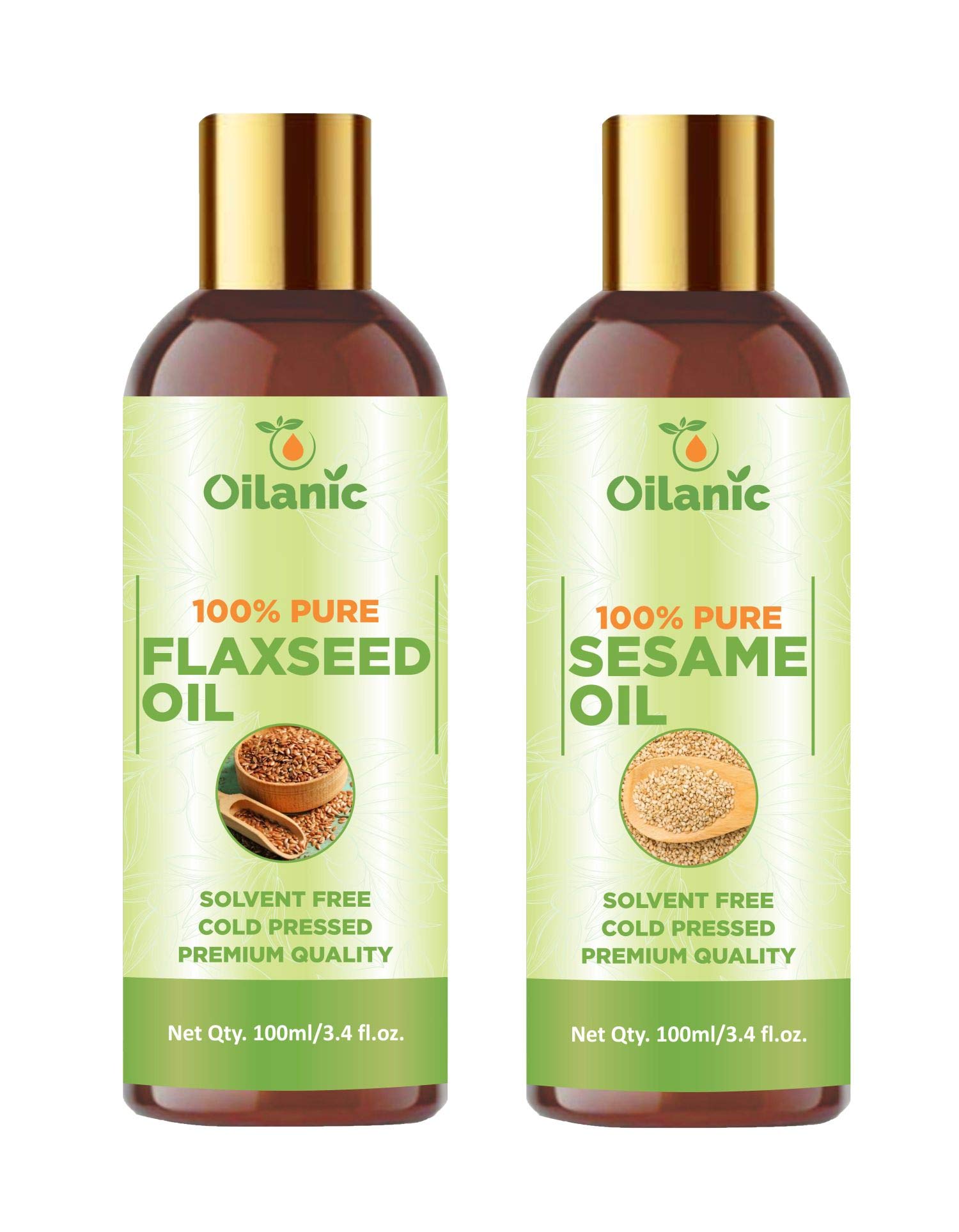 Oilanic 100% Pure Natural Flaxseed Oil & Sesame Oil Combo Pack - 2 Bottles (100ml Each, Total 200ml) - Perfect for Salad Dressings, Cooking & Skin Care