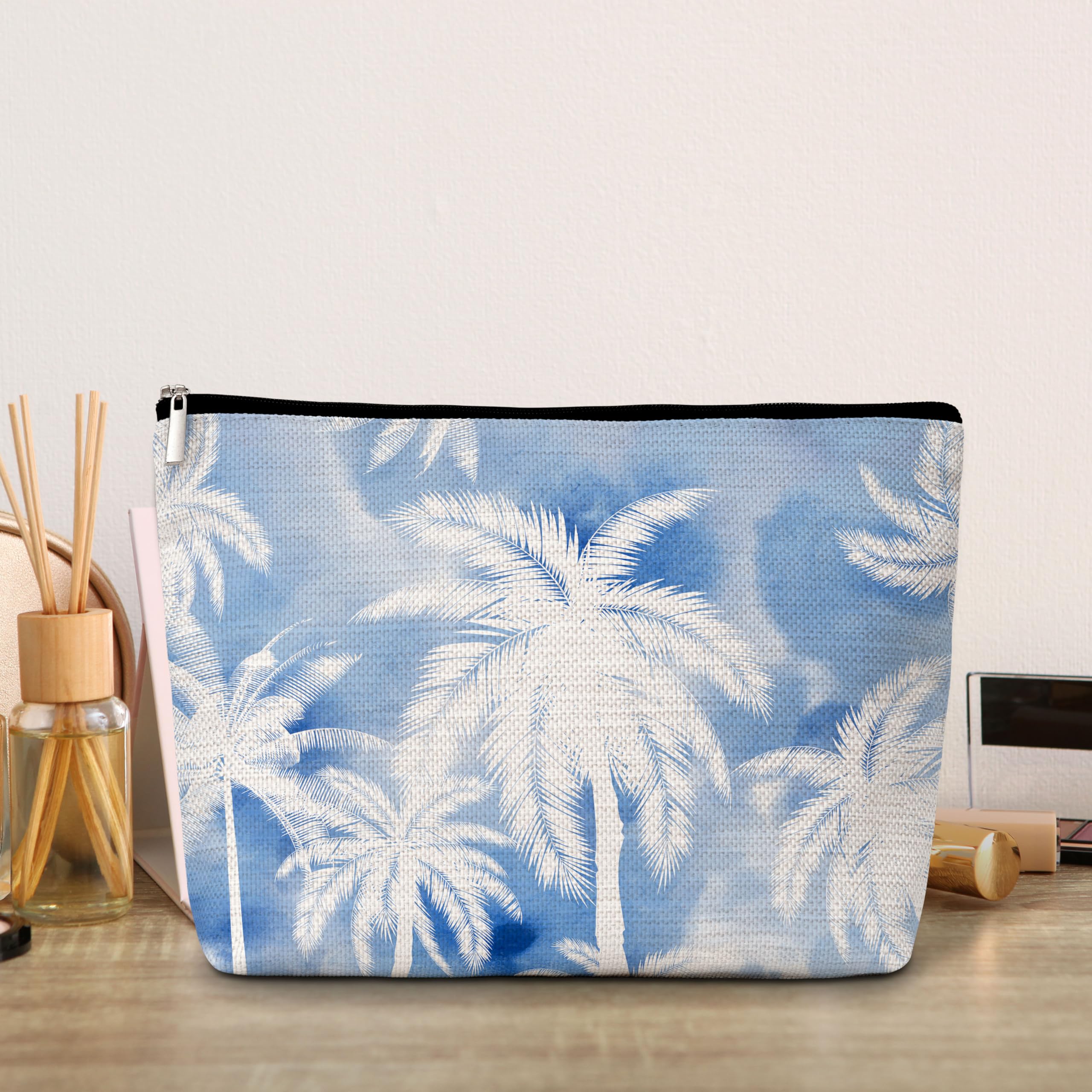 Waterproof Palm Tree Makeup Bag for Women - Small Travel Cosmetic Pouch with Zipper, Cute Makeup Organizer for Teens Girls Friends Mom Sisters - Perfect Gift for Birthday Christmas Wedding Graduation - Great for Travel, Beach Vacation & Daily Makeup Storage